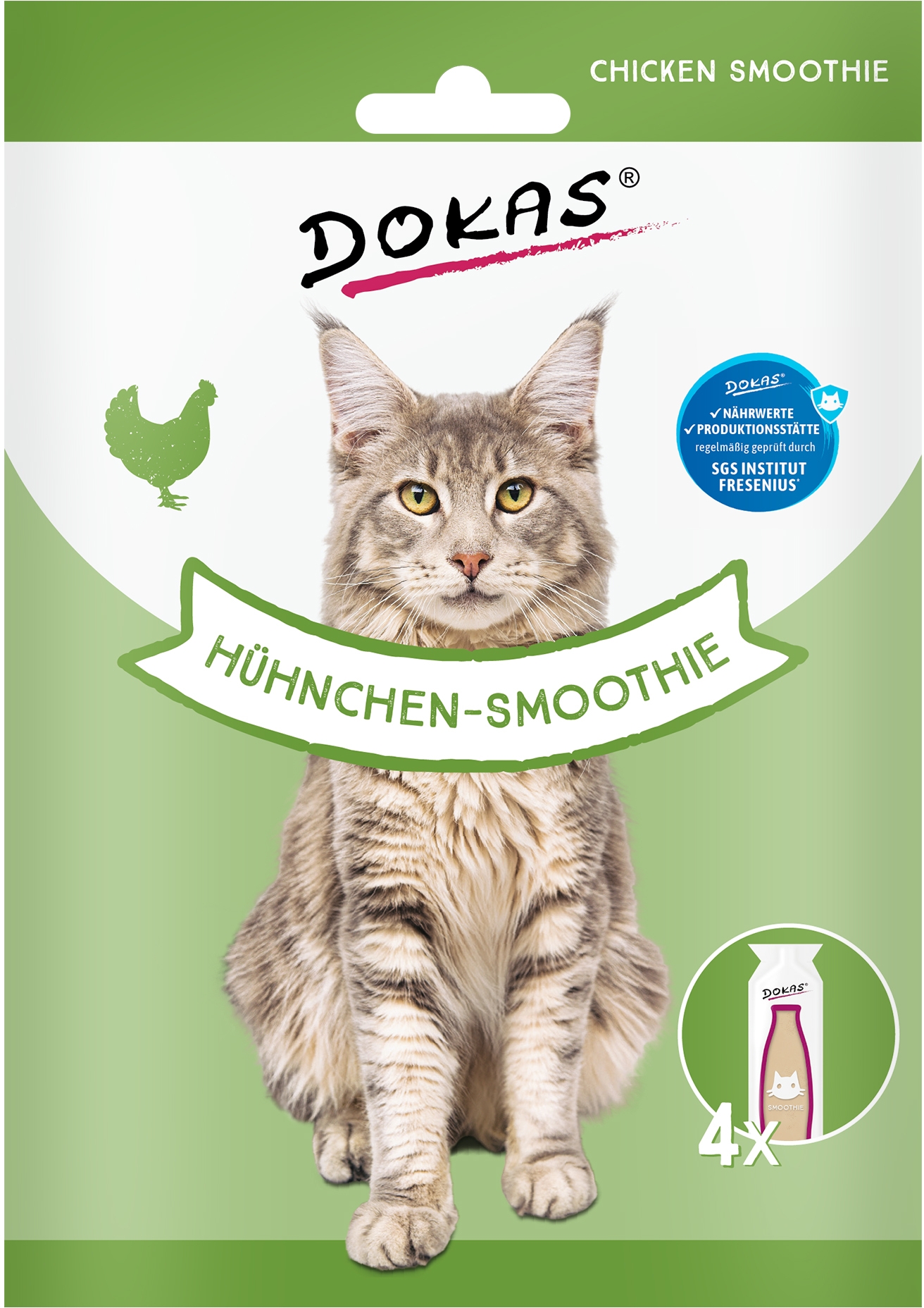 Eine grün-weiße Verpackung des Produkts „Dokas Hühnchen-Smoothie“ mit dem Bild einer Katze auf der Vorderseite. Unten rechts ist eine kleine Abbildung der Flasche mit der Aufschrift „4x“ zu sehen.