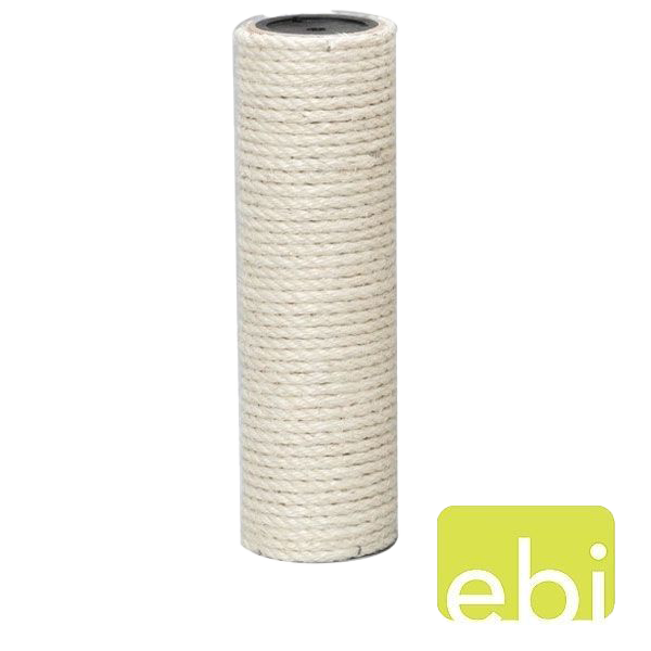 Zylindrischer Katzenkratzbaum mit beiger, seilartiger Umwicklung. Oben und unten dunkle Öffnungen, Oberfläche grob strukturiert und naturfarben.