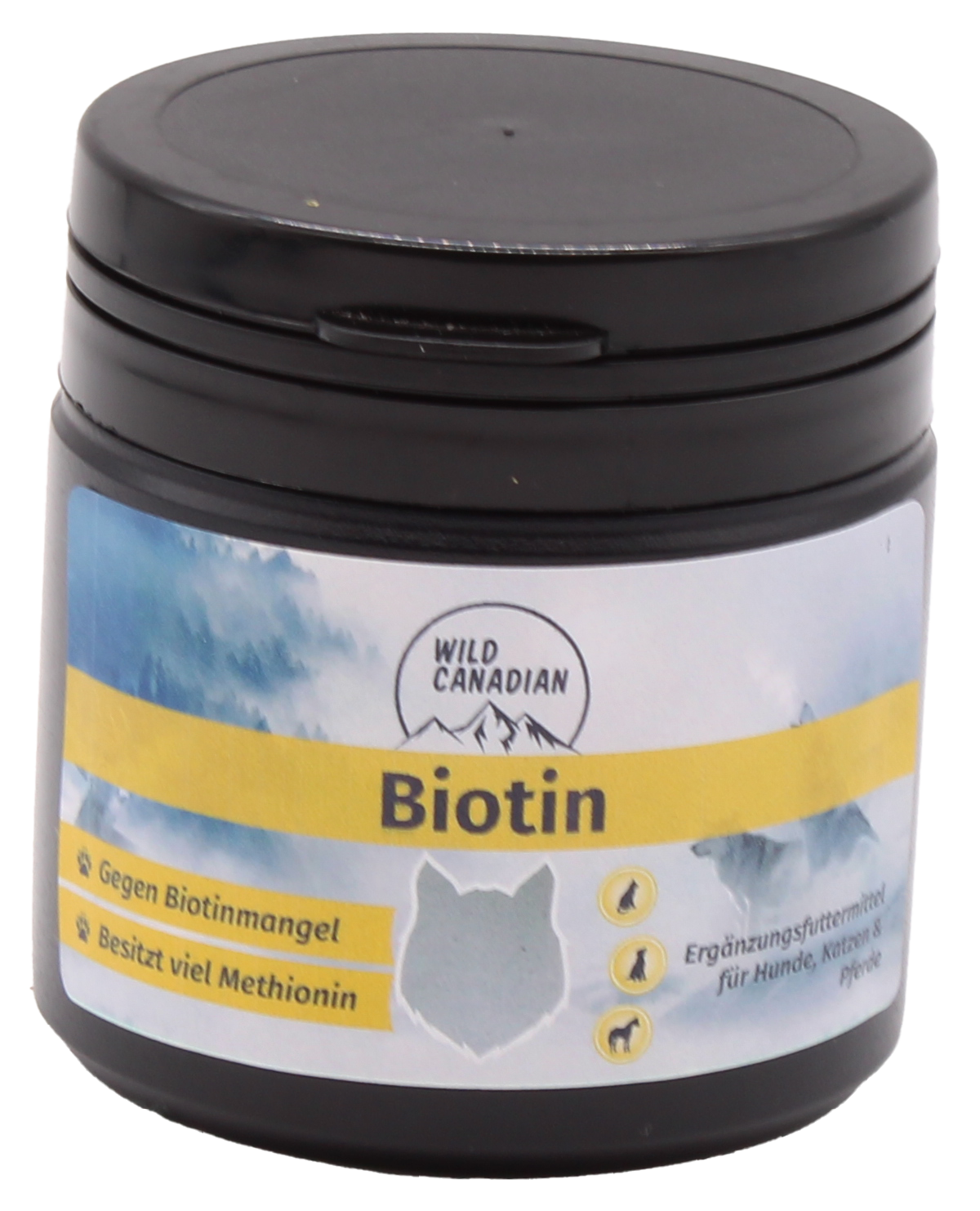 Ein schwarzer Kunststoffdose mit blau-gelbem Etikett der Marke „Wild Canadian“. Darauf steht „Biotin“. Das Etikett zeigt Tierpiktogramme und Hinweise zu Biotin und Methionin.