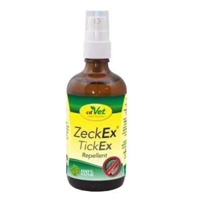 Braune Sprühflasche mit weißem Sprühkopf. Etikett „cdVet ZeckEx TickEx Repellent“ mit grünem Logo „100 % NATURE“ und Symbol für Zeckenschutz.