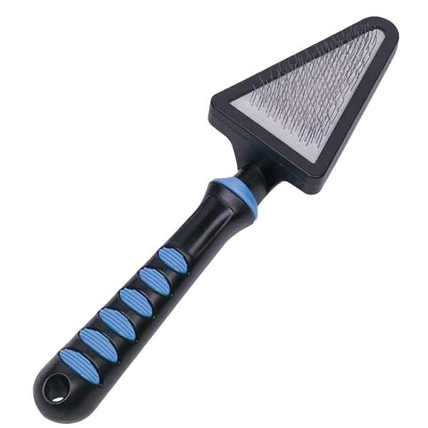 Dreieckige Haustierbürste mit feinen Metallborsten, schwarzem Griff und blauen Griffakzenten für besseren Halt.