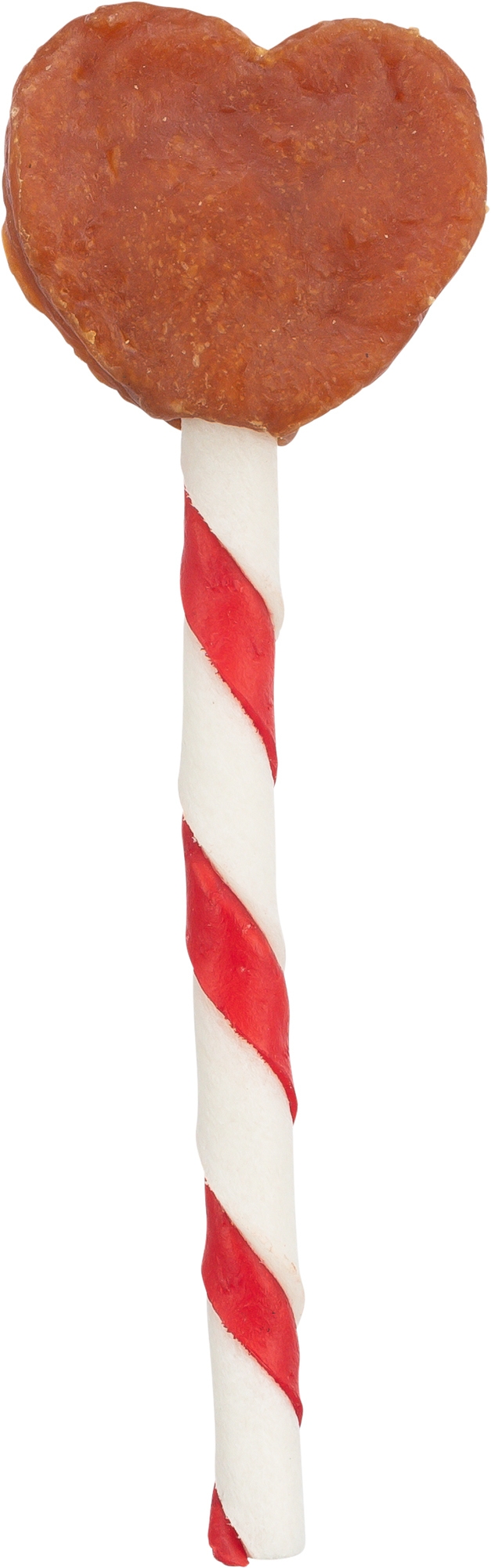 Ein Hundesnack in Lolli-Form mit herzförmigem, braunem Fleischanteil oben und einem länglichen Stiel aus rot-weiß gedrehtem Kaumaterial, fest und trocken wirkend