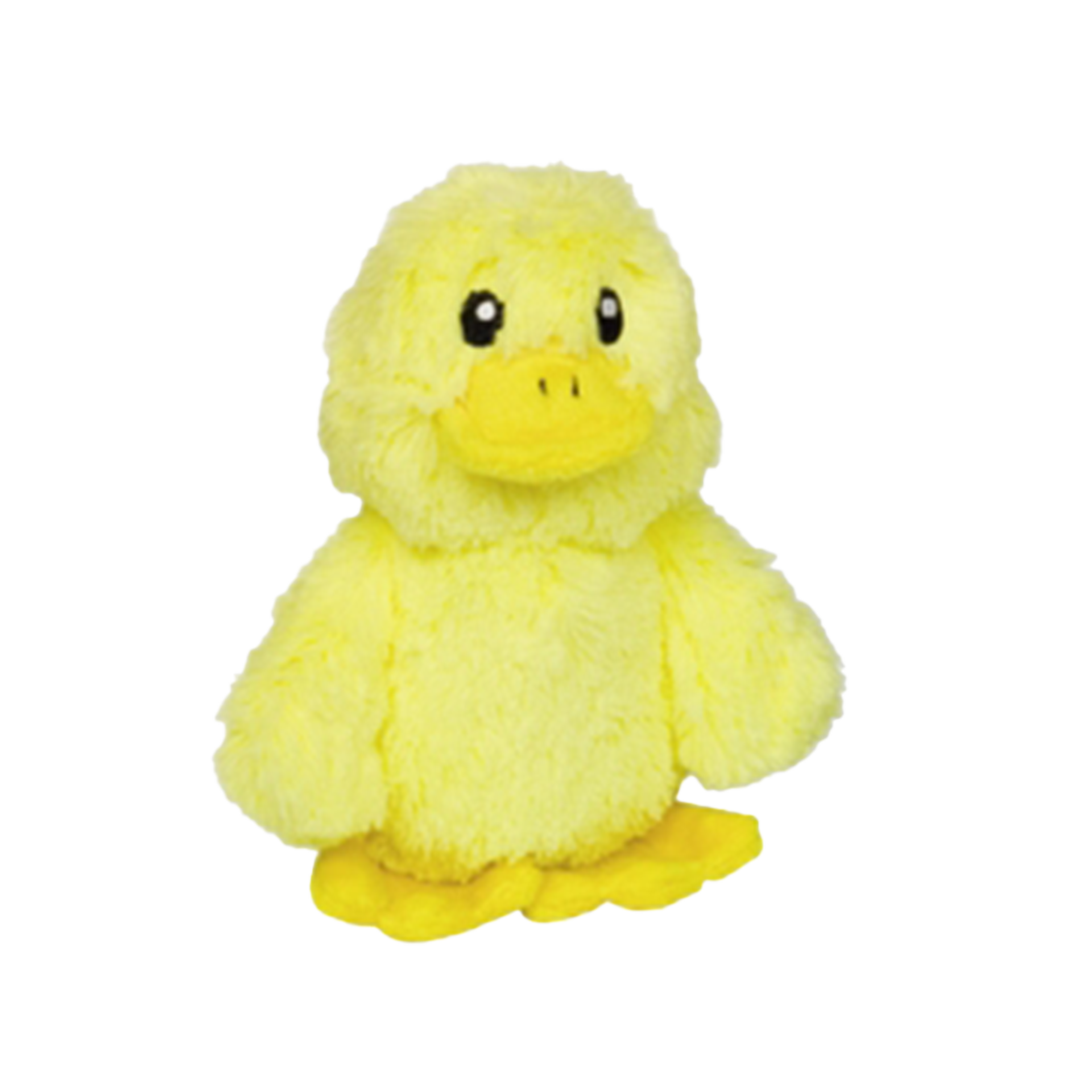 Gelbes, flauschiges Enten-Kuscheltier mit rundem Körper, orangegelbem Schnabel und Füßen sowie schwarzen Augen vor hellem Hintergrund.