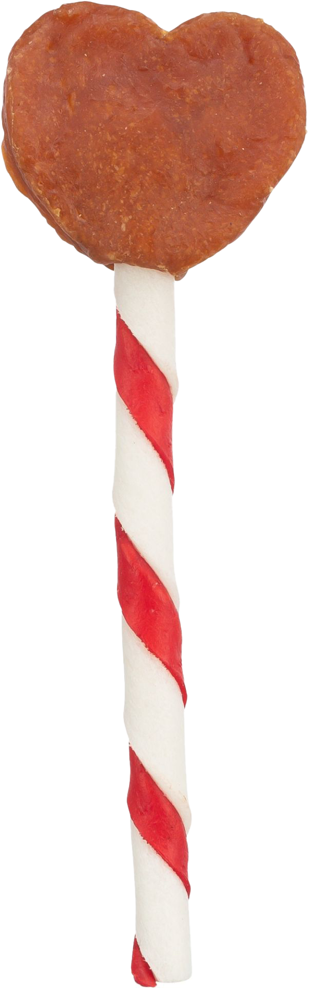 Ein Hundesnack in Lolli-Form mit herzförmigem, braunem Fleischanteil oben und einem länglichen Stiel aus rot-weiß gedrehtem Kaumaterial, fest und trocken wirkend