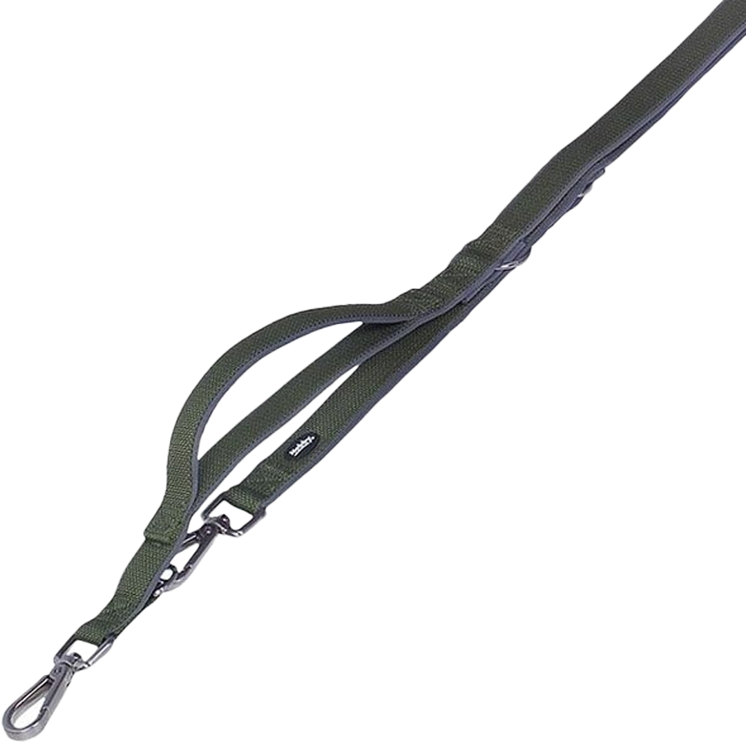 Grüne, verstellbare Hundeleine mit zwei Metallschnapphaken und gepolstertem Griff, kleines schwarzes Etikett angenäht.