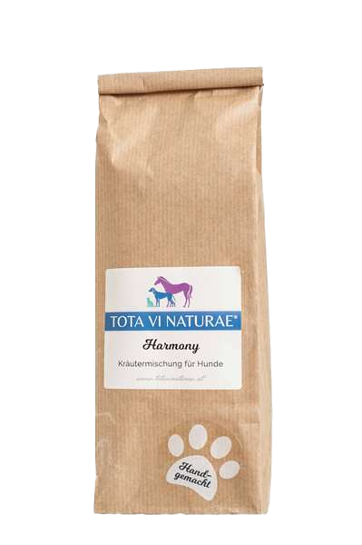 Braune Papiertüte mit Etikett, darauf Illustration eines lilafarbenen Pferdes, eines blauen Hundes und einer blauen Katze, unten weiße Pfote mit Schriftzug.