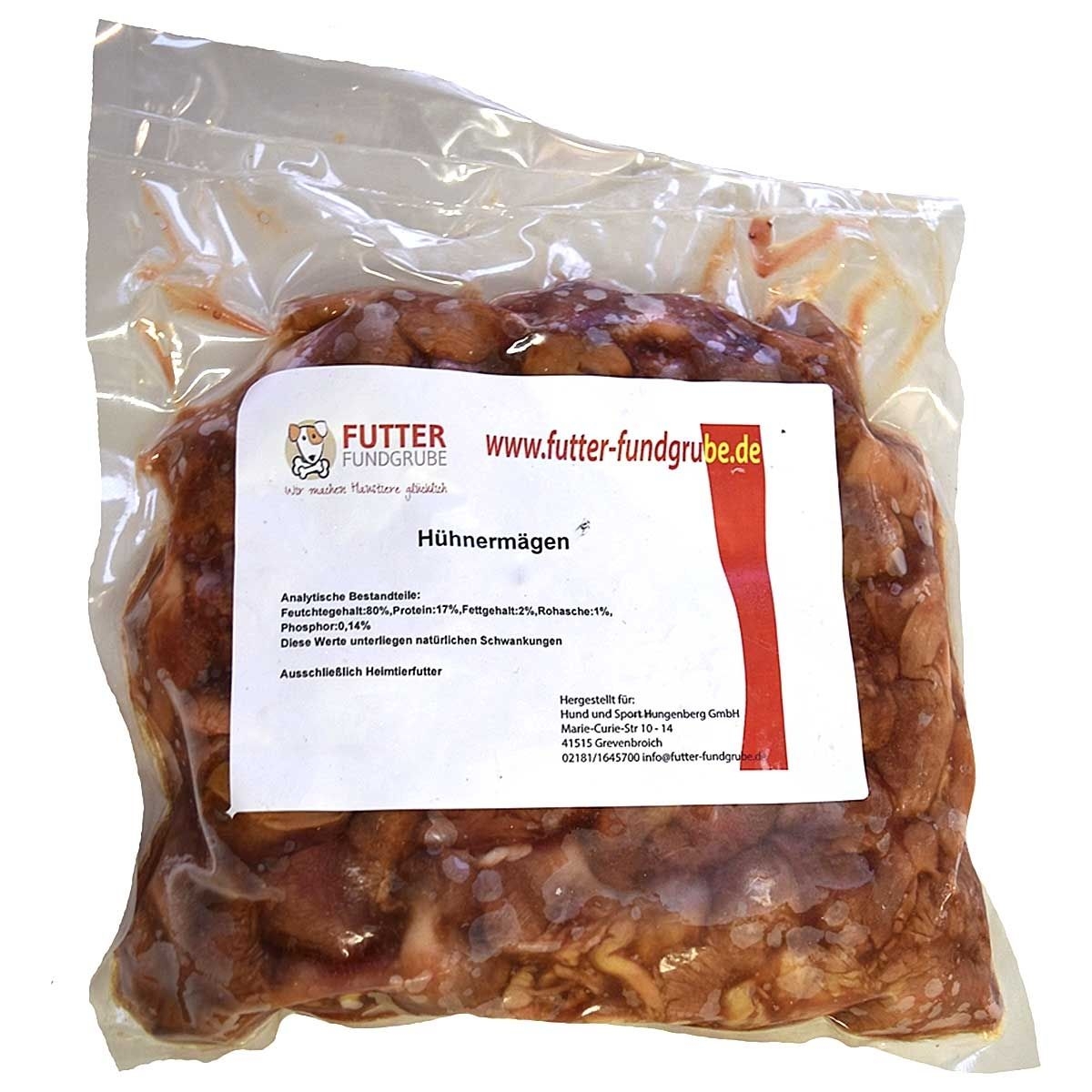 Ein flacher Kunststoffbeutel mit der Aufschrift „Hühnermägen“, gefüllt mit braun-rötlichen, ganzen Hühnermägen in klarer Verpackung mit weiß-rotem Etikett.