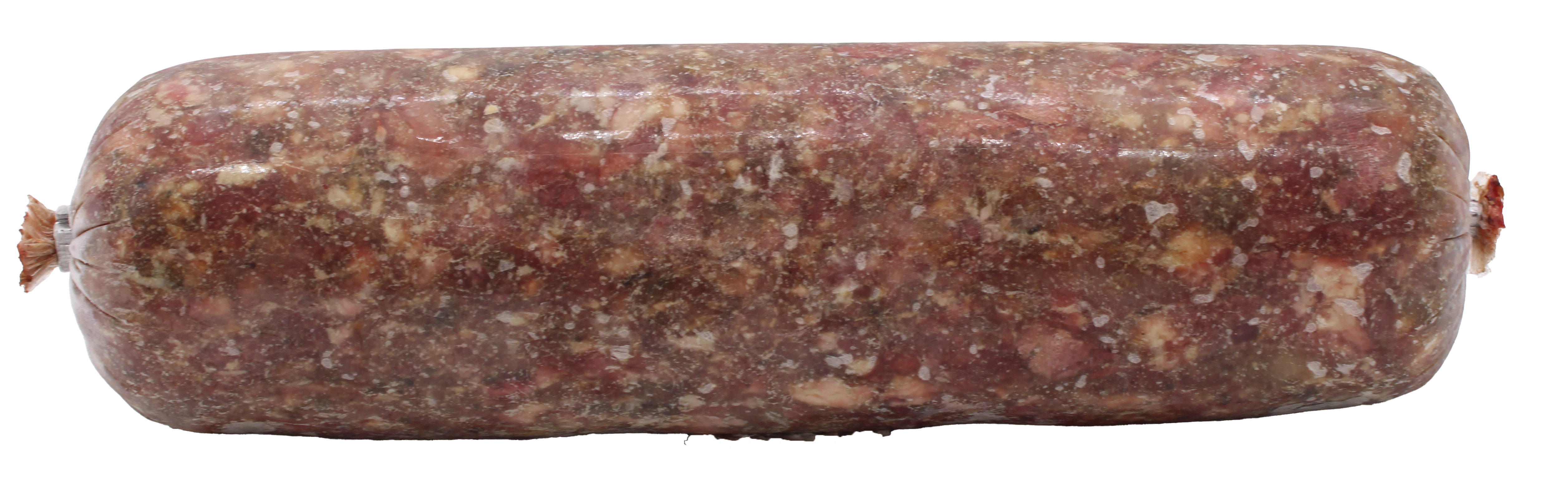 Eine Frostfleischrolle ohne Etikett in durchsichtigem Kunstdarm. Die Füllung ist gewolft, zeigt eine grobe, unregelmäßige Struktur mit rötlich-brauner Farbe und hellen sowie dunklen Fleischanteilen.