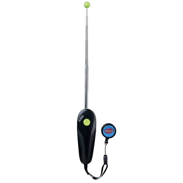 Ausziehbarer Metallstab mit grünem Ball an der Spitze, schwarzem Griff mit grünem Knopf und Clip an einer Kordel.