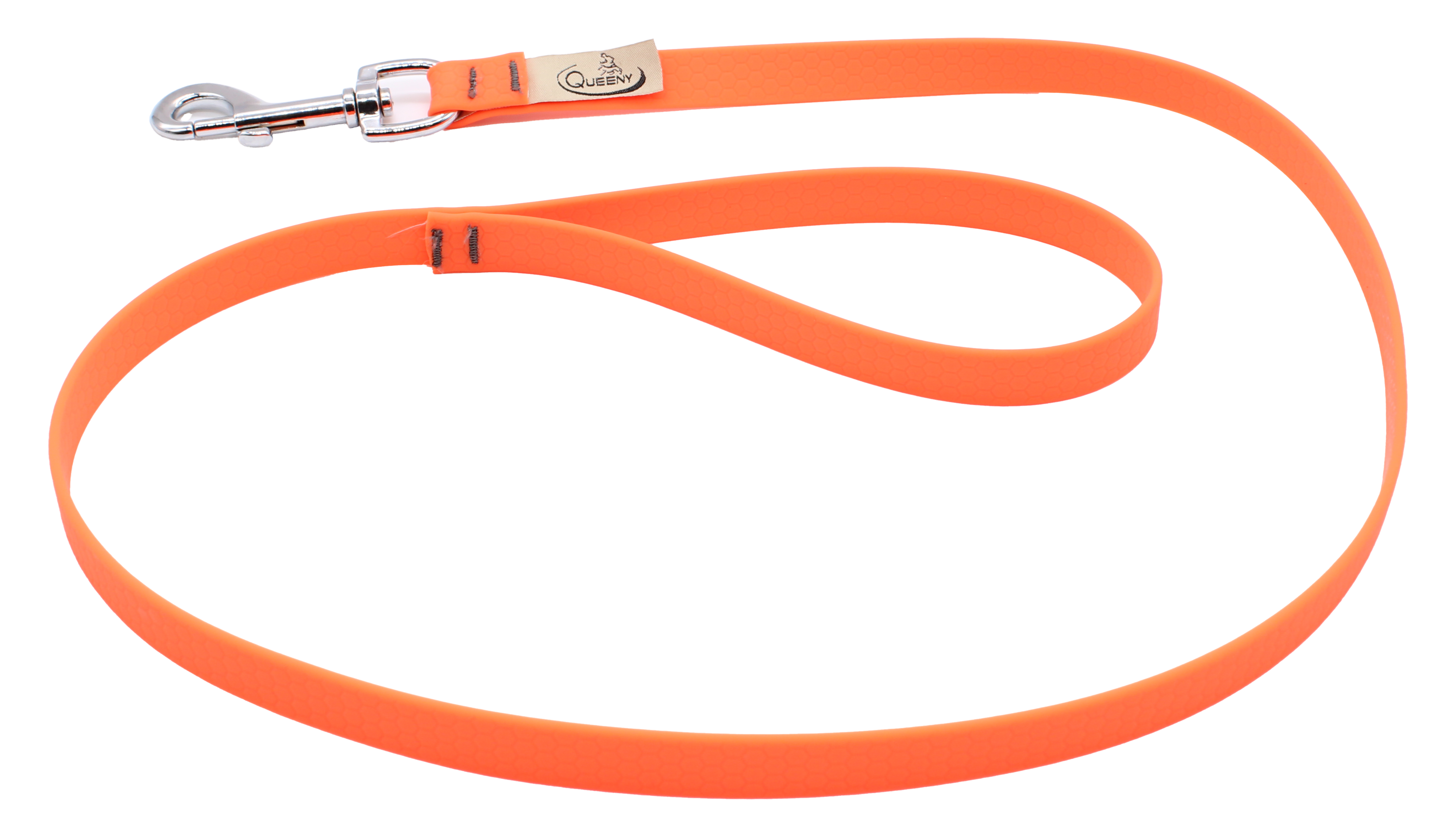 Hundeleine in Neonorange mit strukturierter Oberfläche, Metallkarabiner am Ende und kleinem Label nahe dem Verschluss.