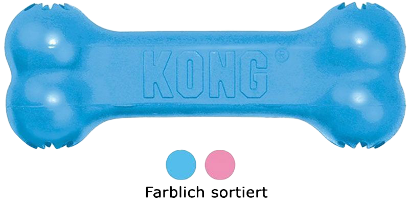 Blaues Hundespielzeug in Knochenform mit KONG-Prägung, darunter Farbhinweis mit blauen und pinken Punkten.