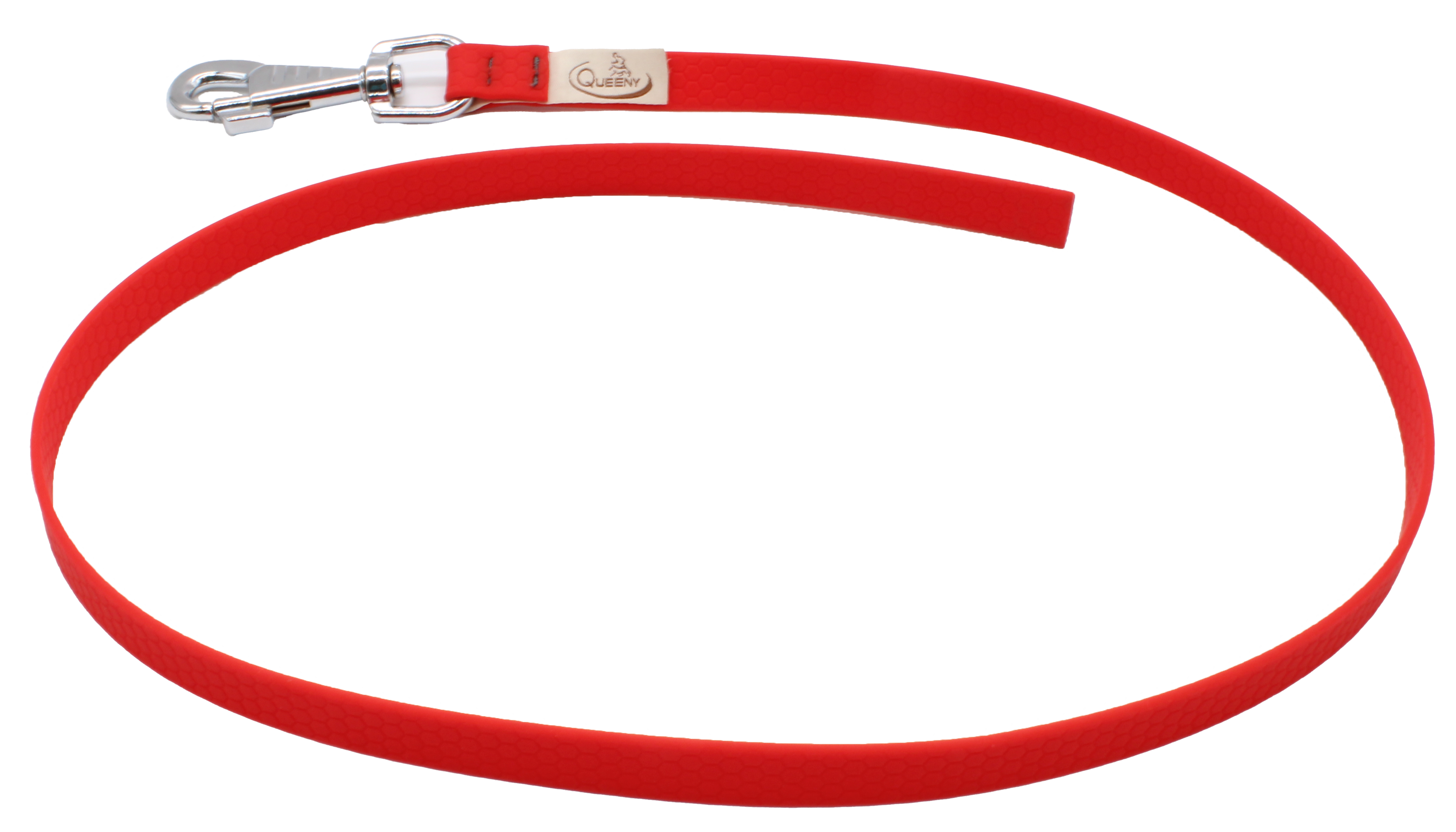 Hundeleine in Roter Farbe mit strukturierter Oberfläche, Metallkarabiner am Ende und kleinem Label nahe dem Verschluss.