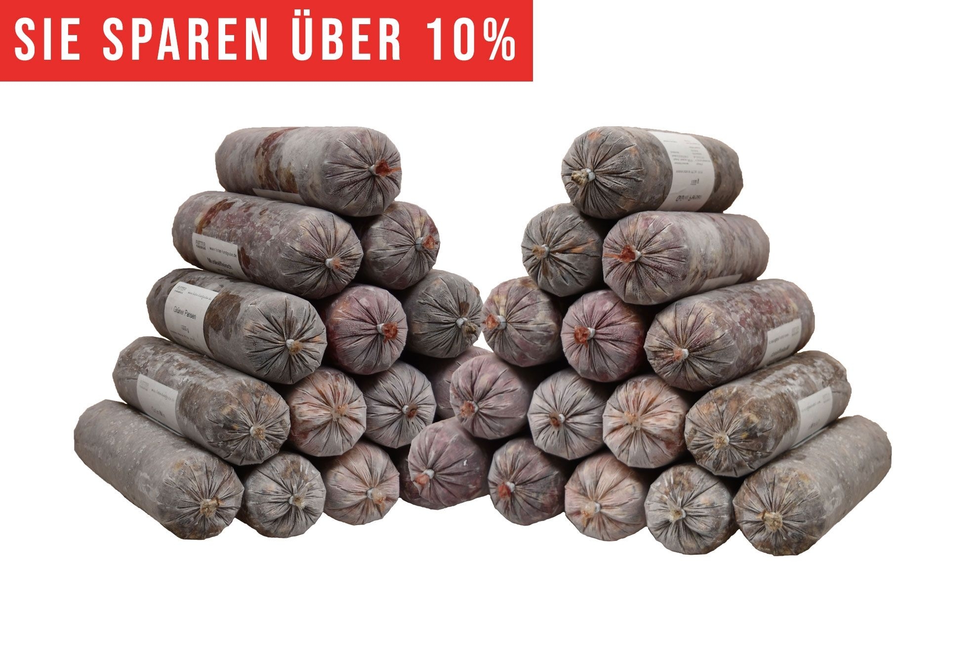 Sparpaket Standard "quality" 28 kg Zwei pyramidenförmig gestapelte Haufen aus gefrorenen Fleischrollen in grauem Kunstdarm. Die Füllung wirkt rötlich bis braun. Oben roter Hinweis „Sie sparen über 10 %“.
