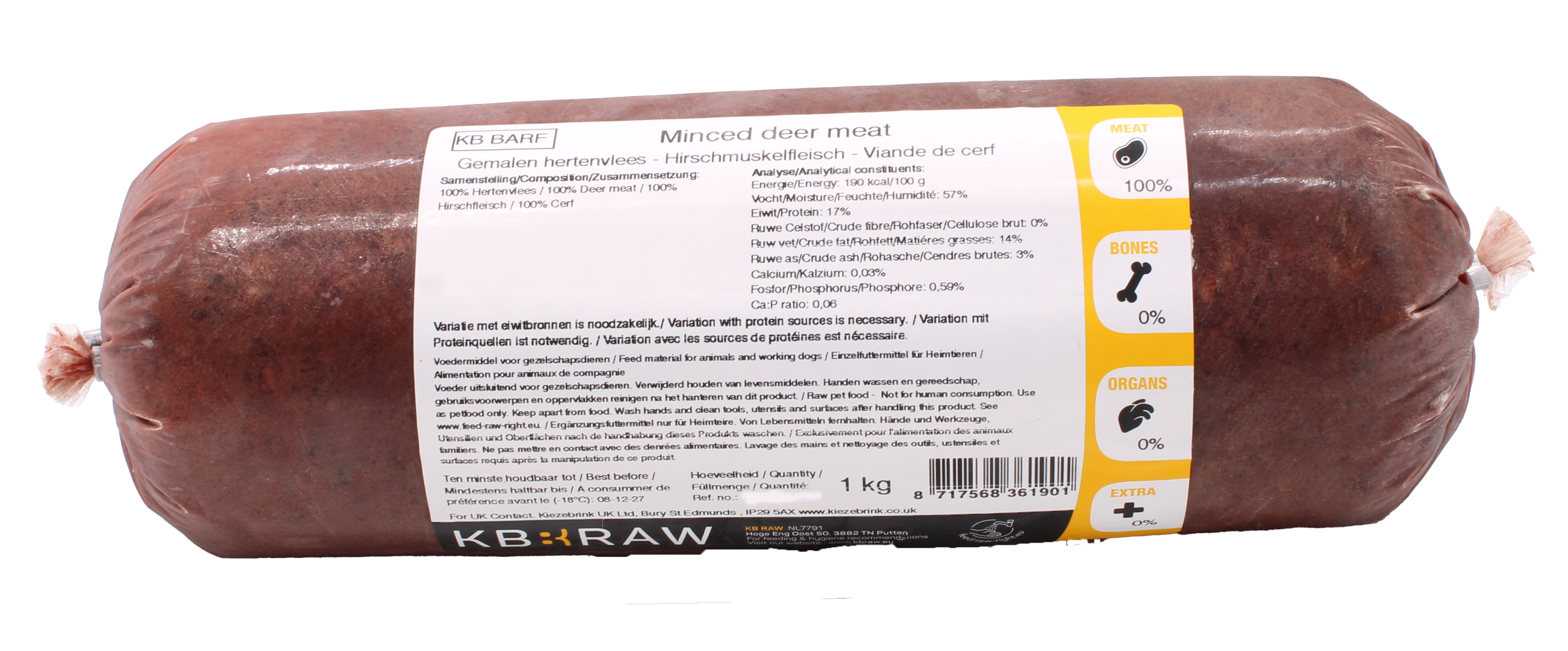Eine Frostfleischrolle mit gleichmäßig hellbraun-rotem, fein gewolftem Inhalt und glatter, leicht glänzender Oberfläche. Die Rolle ist zylindrisch geformt und in nicht essbarem Kunstdarm verpackt.