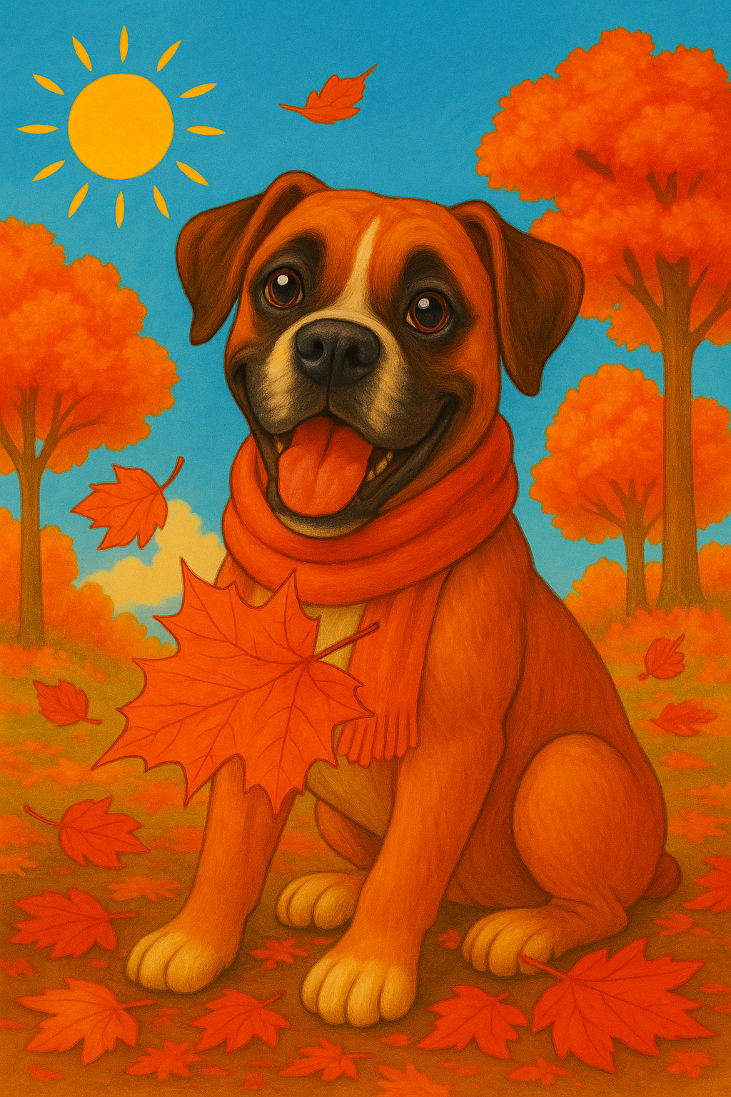 Ein fröhlich aussehender brauner Hund mit rotem Schal sitzt im herbstlichen Wald, und ist von orangefarbenen Bäumen und fallenden Blättern umgeben.