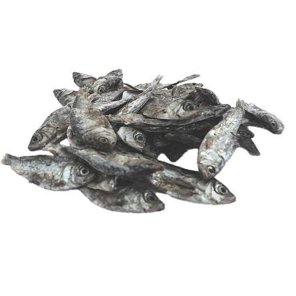 Ein Haufen kleiner, silbrig-grauer getrockneter Sprotten mit sichtbaren Augen und Schuppen. Die Fische sind vollständig erhalten und leicht gekräuselt.