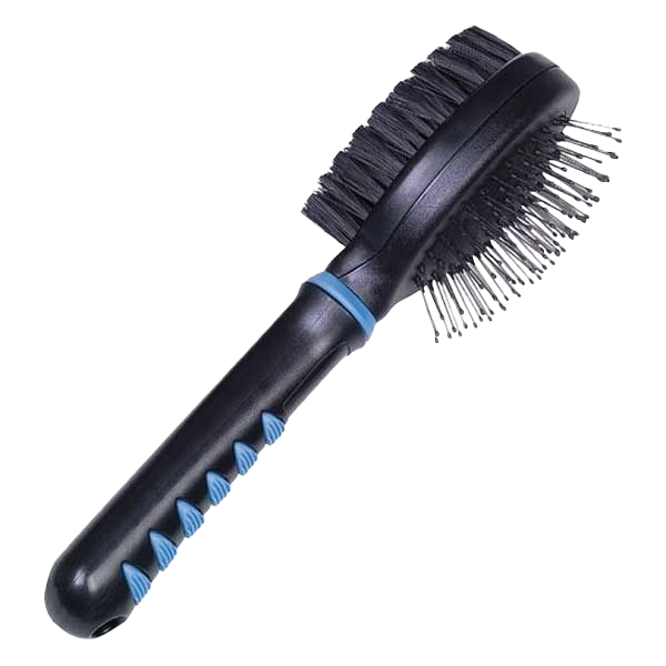 Zweiseitige Bürste mit schwarzem Griff und blauen Akzenten; eine Seite mit dichten Borsten, die andere mit abgerundeten Metallpins