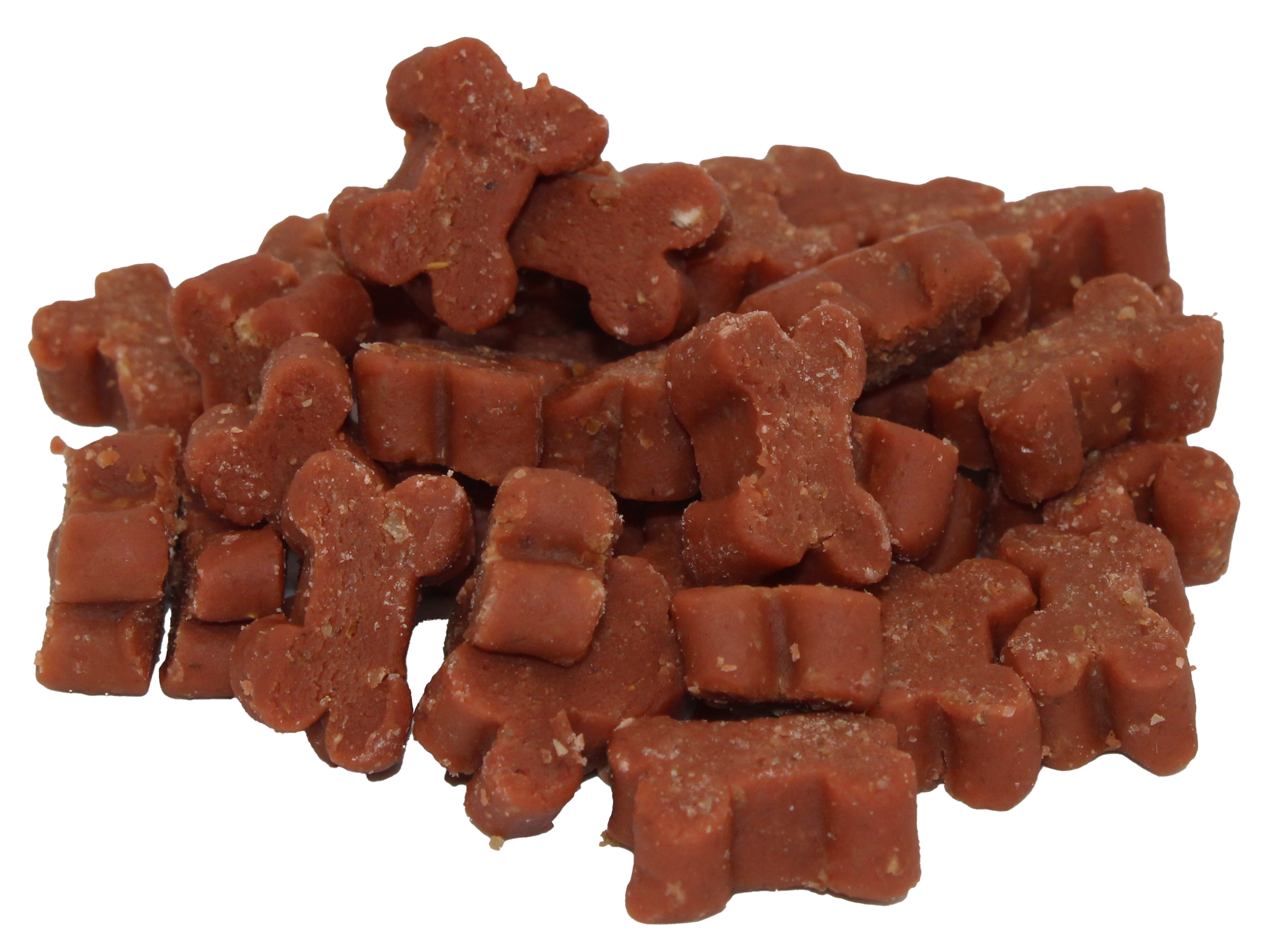 Knochenförmige Hunde-Leckerlis in durchgehend roter Farbe. Die Snacks wirken weich in der Konsistenz