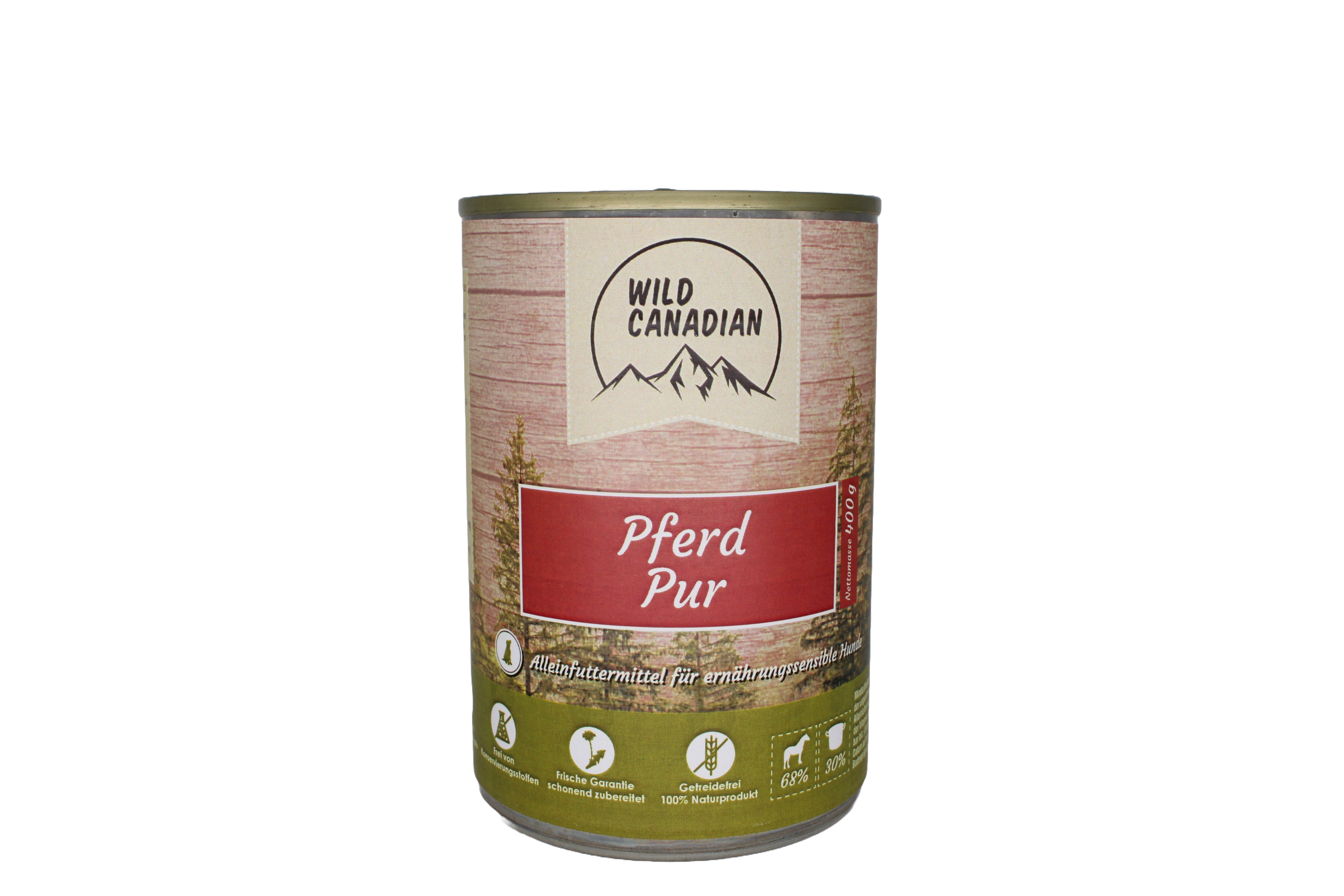 Eine Futterdose mit beigem Etikett und rotem Schriftfeld mit der Aufschrift „Pferd Pur“. Die Dose zeigt Piktogramme zu Inhaltsstoffen und ist für ernährungssensible Hunde geeignet.