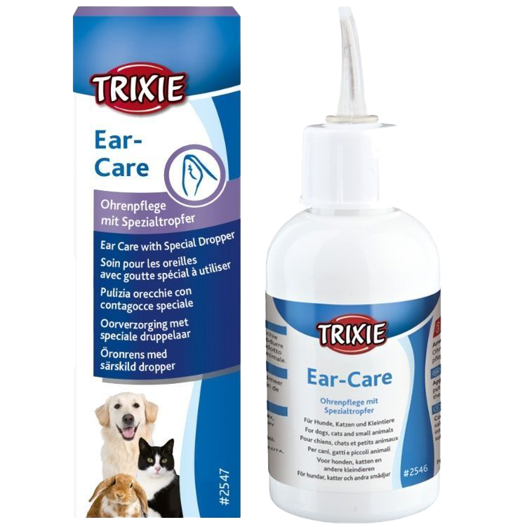 Weiße Flasche mit blauem Etikett und Tropfaufsatz, daneben Verpackung mit Bildern von Hund, Katze und Kaninchen sowie mehrsprachiger Beschriftung.