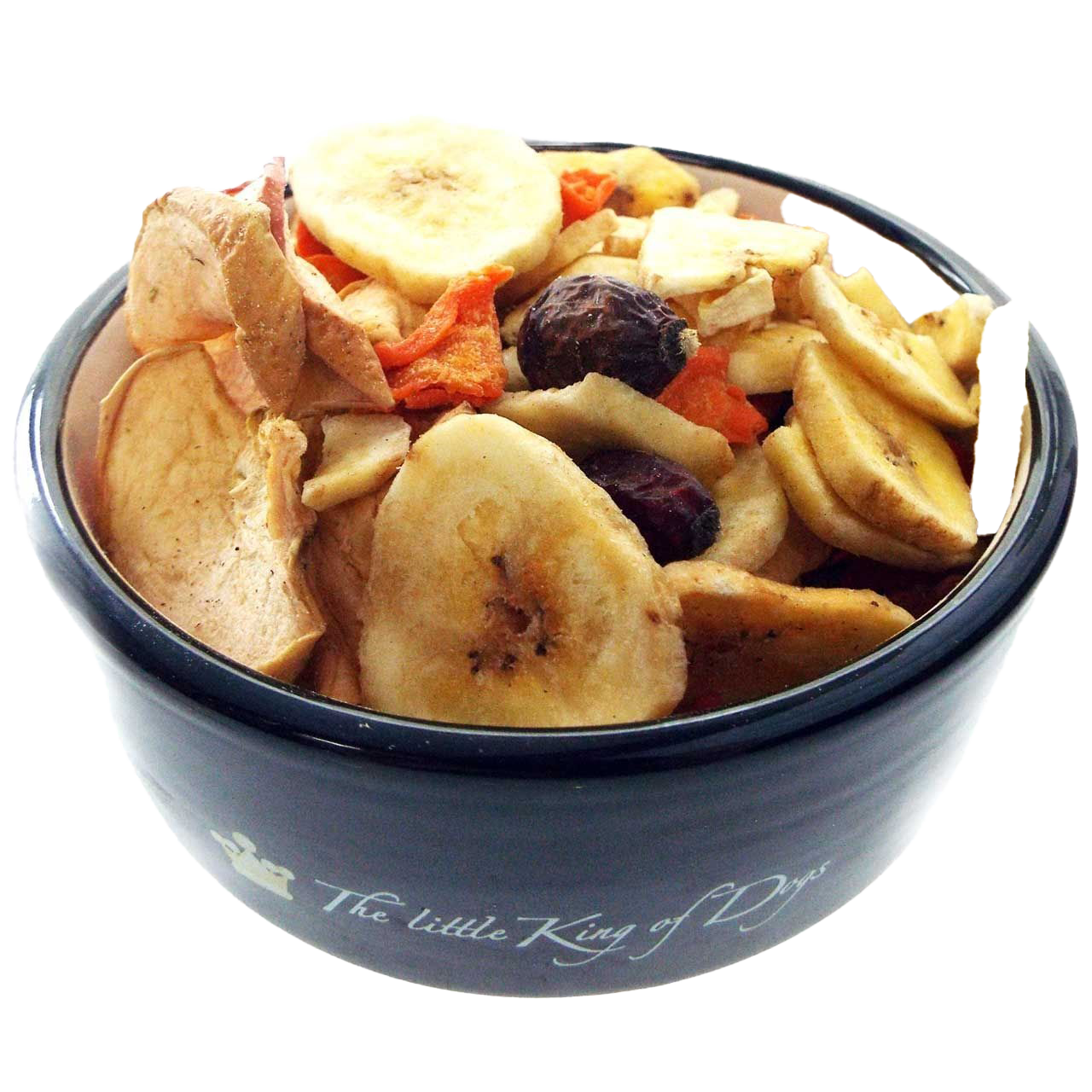 Schwarze Schale mit gemischten, getrockneten Früchten wie Bananenchips und Apfelscheiben in verschiedenen Beige- und Brauntönen auf hellem Hintergrund.