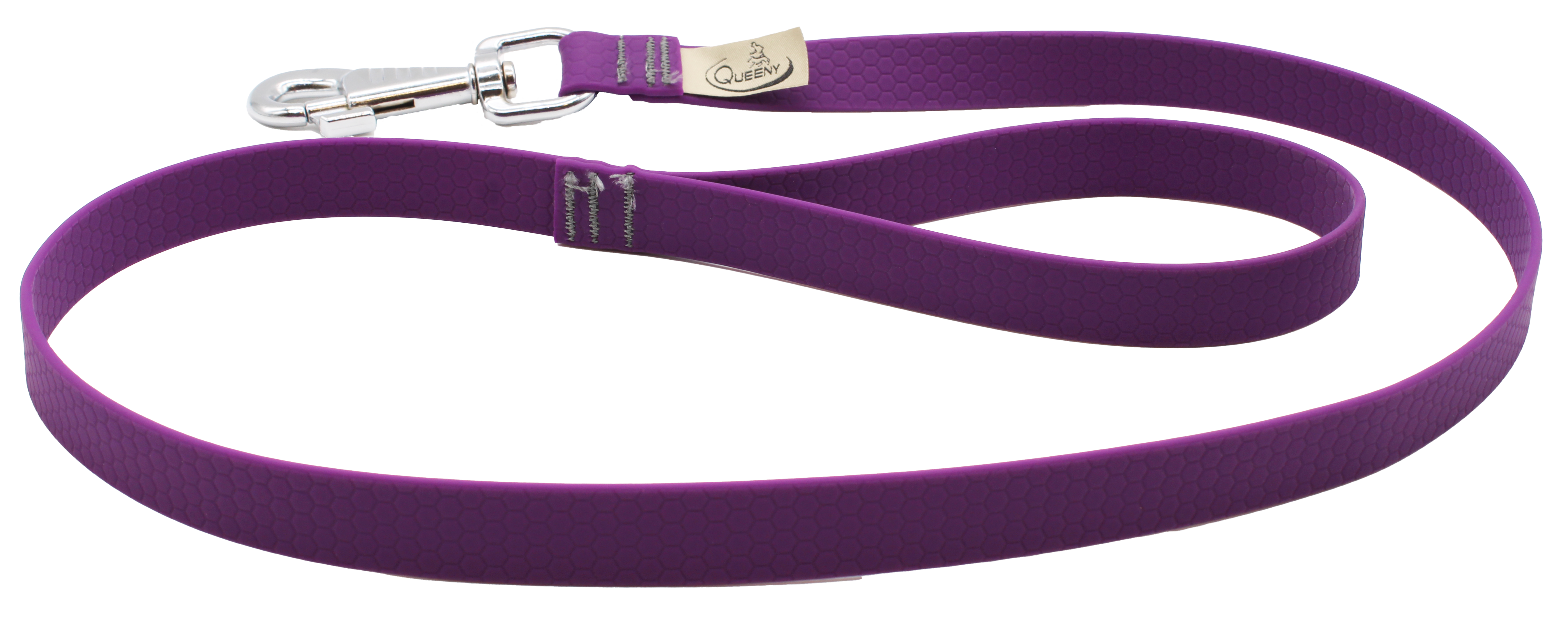 Hundeleine in Lila mit strukturierter Oberfläche, Metallkarabiner am Ende und kleinem Label nahe dem Verschluss.