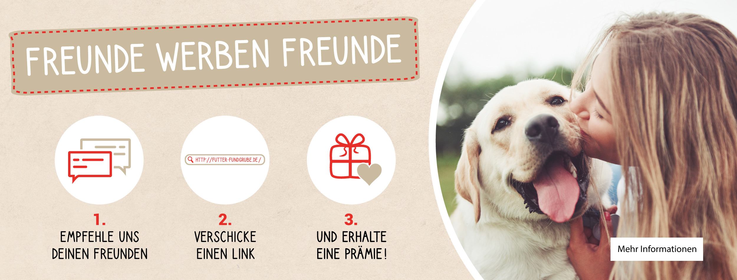 61_Slidershow_Freundeanwerben10 Ein Werbebanner mit der Überschrift „Freunde werben Freunde“. Links drei Icons mit Anleitung: Freunde empfehlen, Link verschicken, Prämie erhalten. Rechts ein Mädchen, das einen Labrador küsst