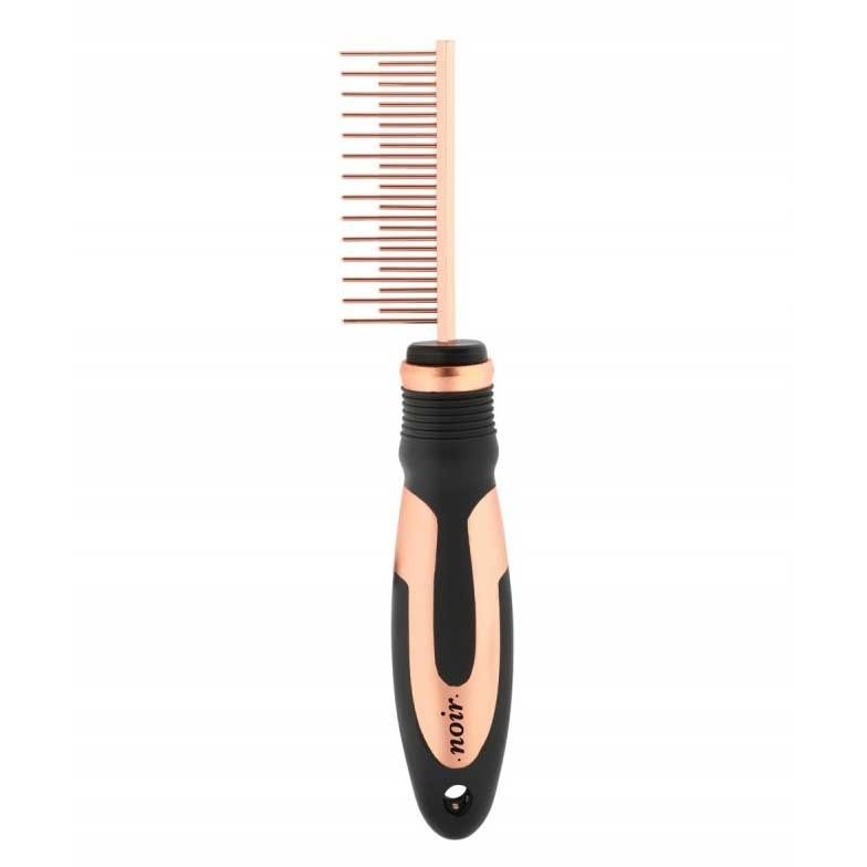 Kamm mit schwarzem und kupferfarbenem Griff, gleichmäßig angeordnete Zähne, geeignet zum Entwirren oder Stylen von Haaren.
