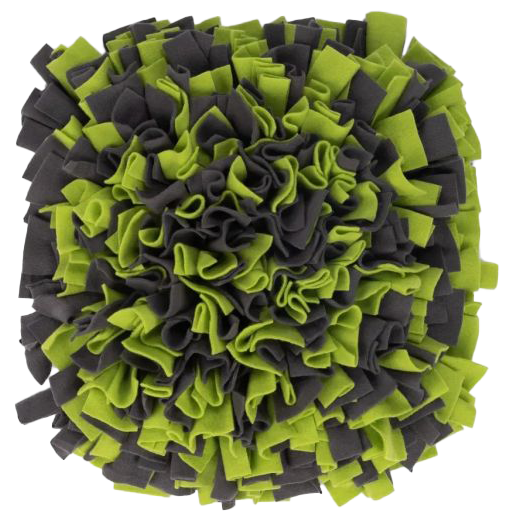 Quadratischer Schnüffelteppich aus orangefarbenem und dunkelgrauem Fleece mit dicht angeordneten Stoffstreifen