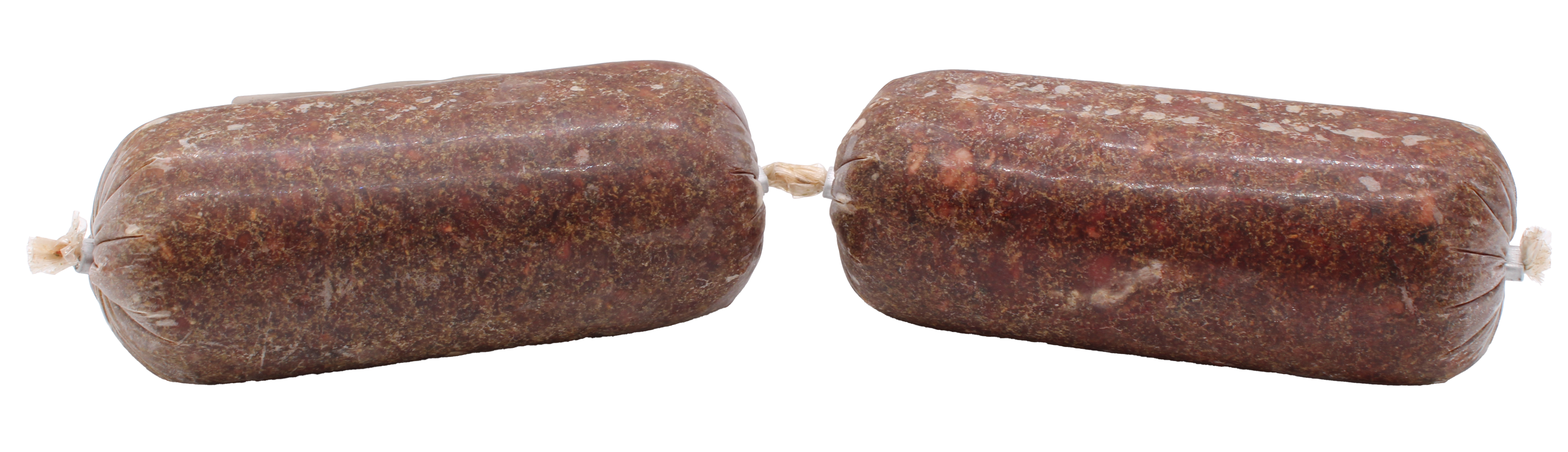 Zwei Frostfleischrollen mit dunkelbraunem, fein gewolftem Inhalt und helleren Stücken. Die Oberfläche wirkt leicht glänzend und unregelmäßig gefroren. Verpackt in nicht essbarem Kunstdarm.