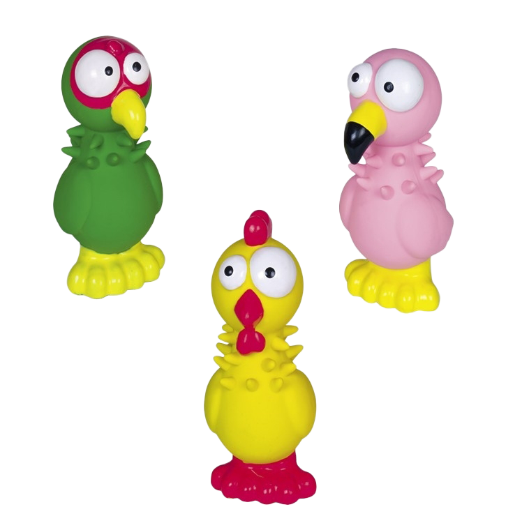 Drei farbige Vinyl-Vogelspielzeuge in Grün, Rosa und Gelb mit großen runden Augen, gelben Füßen und auffälligen Schnäbeln in Rot, Schwarz und Gelb.