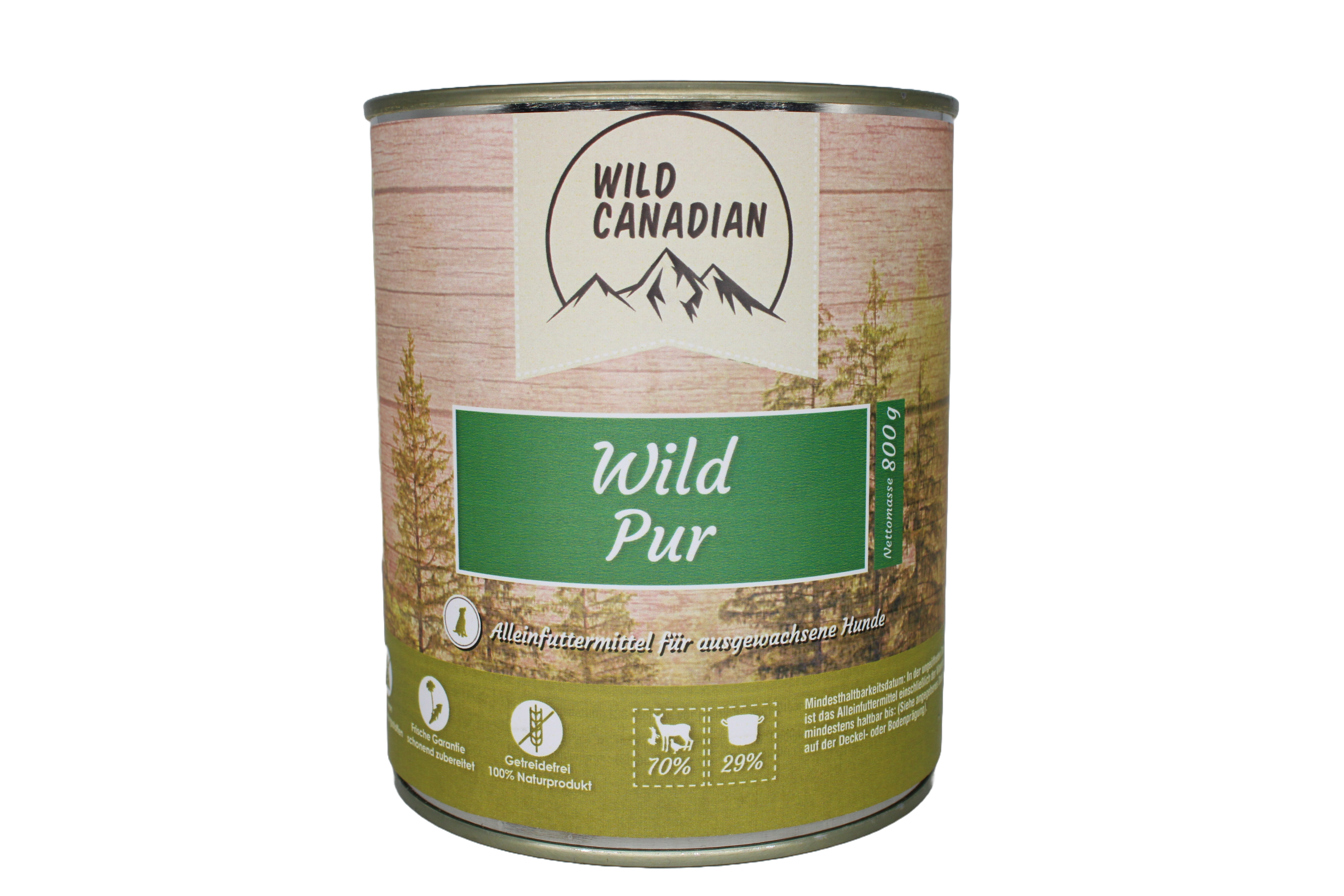 Eine Futterdose mit rötlich-braunem Etikett und der Aufschrift „Wild Pur“ auf grünem Feld. Unten Piktogramme zu Fleischanteilen, Zubereitung und Inhaltsstoffen.