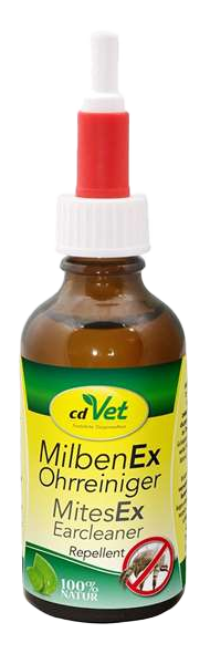 Braune Sprühflasche mit weißem Deckel. Etikett „cdVet MilbenEx MitesEx Repellent“ mit durchgestrichenem Milbensymbol. Farben: Grün, Rot, Weiß.