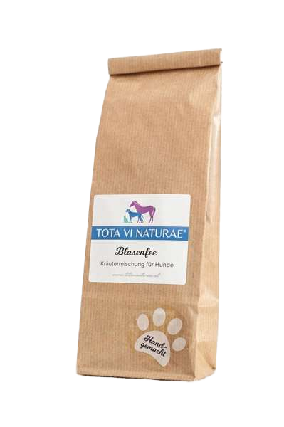 Braune Papiertüte mit Etikett, darauf Illustration eines lilafarbenen Pferdes, eines blauen Hundes und einer blauen Katze, unten weiße Pfote mit Schriftzug.