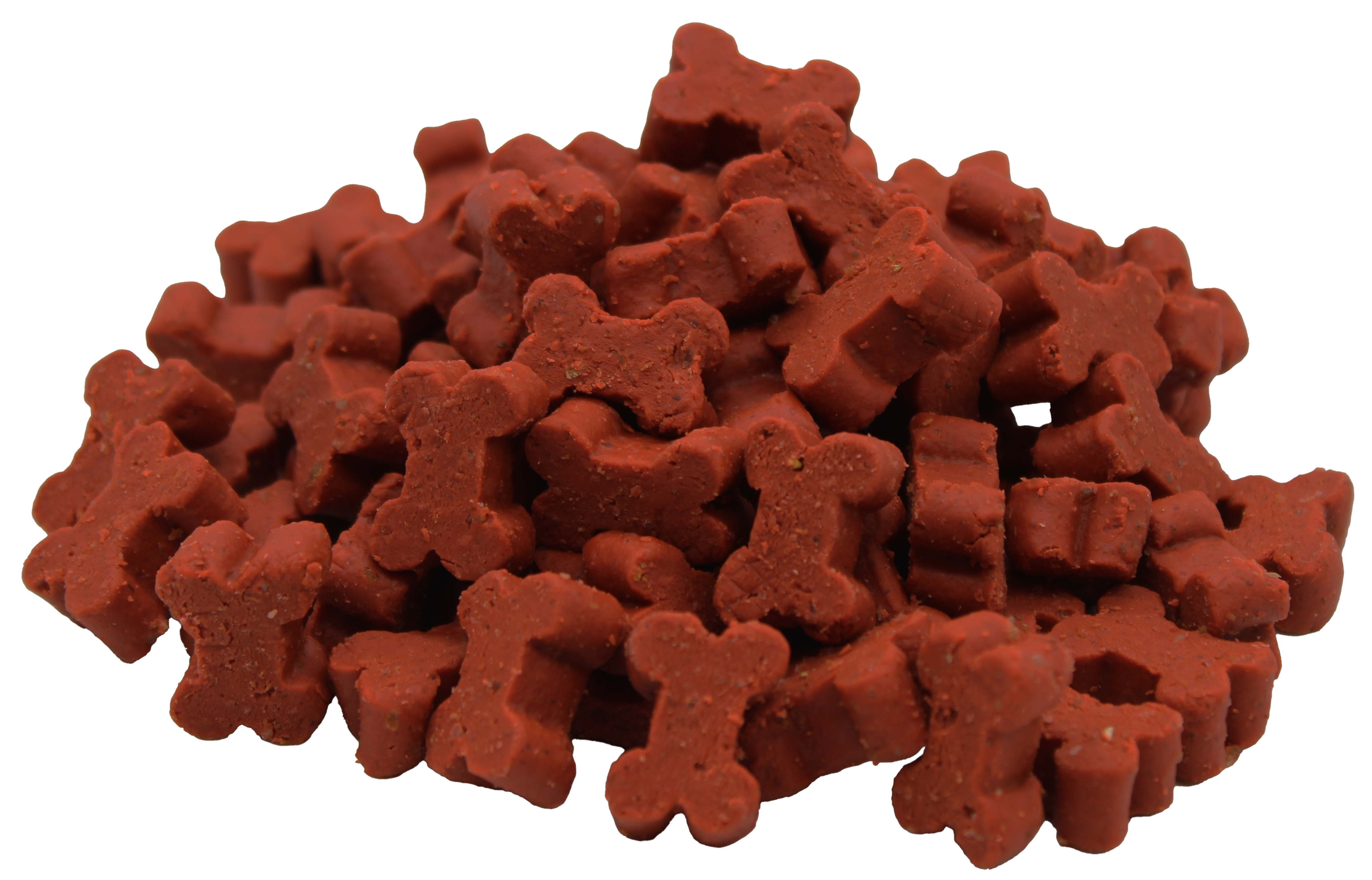 Knochenförmige Hunde-Leckerlis in durchgehend roter Farbe. Die Snacks wirken weich in der Konsistenz