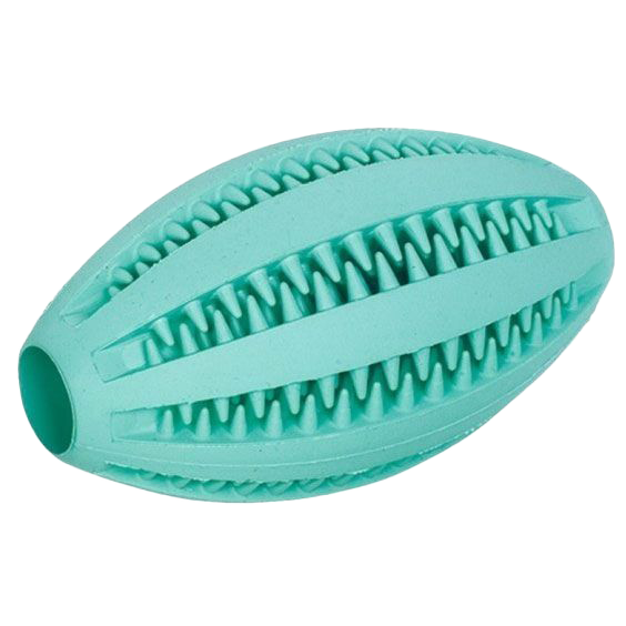 Ovales, türkisfarbenes Objekt mit mehreren Reihen dreieckiger Noppen entlang der Oberfläche und einer Öffnung an einem Ende.