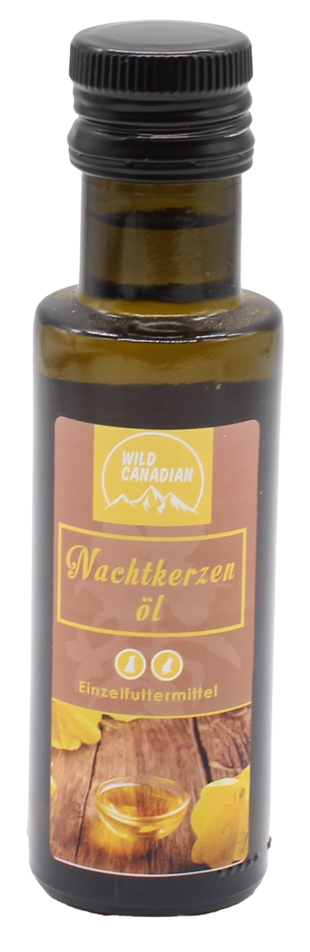 Eine braune Glasflasche mit schwarzem Schraubverschluss und braun-gelbem Etikett der Marke „Wild Canadian“. Darauf steht „Nachtkerzenöl“, unten ist eine Glasschale mit gelbem Öl zu sehen.