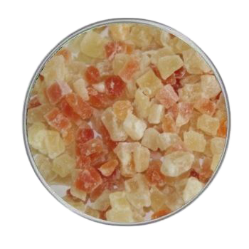 Ein Mix aus kleinen, gewürfelten Trockenfrüchten in Orange, Gelb, Beige und Rosé. Die Fruchtstücke sind leicht transparent und unregelmäßig geschnitten.