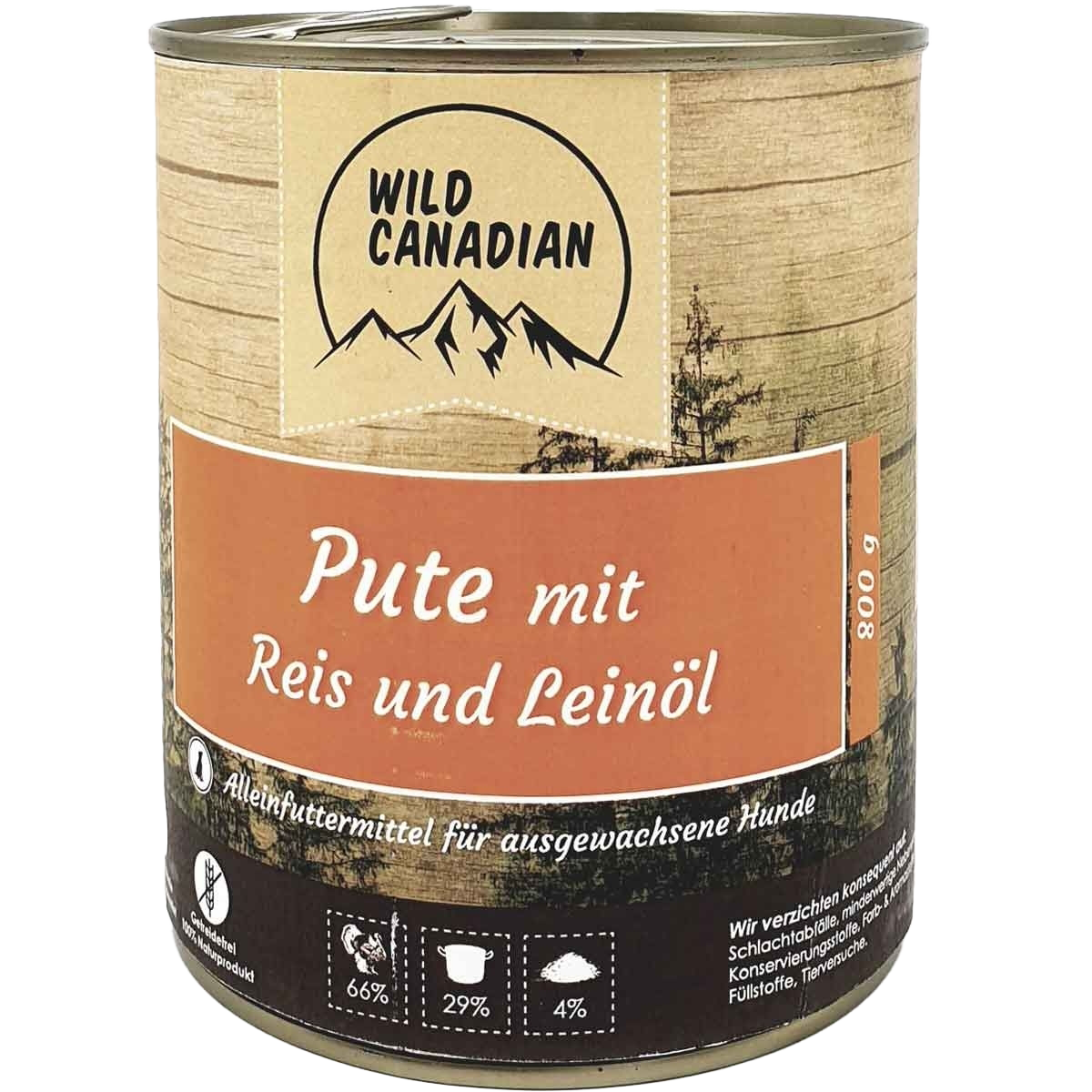 Eine Futterdose mit beigem Etikett und oranger Aufschrift „Pute mit Reis und Leinöl“. Die runde Dose zeigt Symbole zu Zusammensetzung und Fütterungsempfehlung.