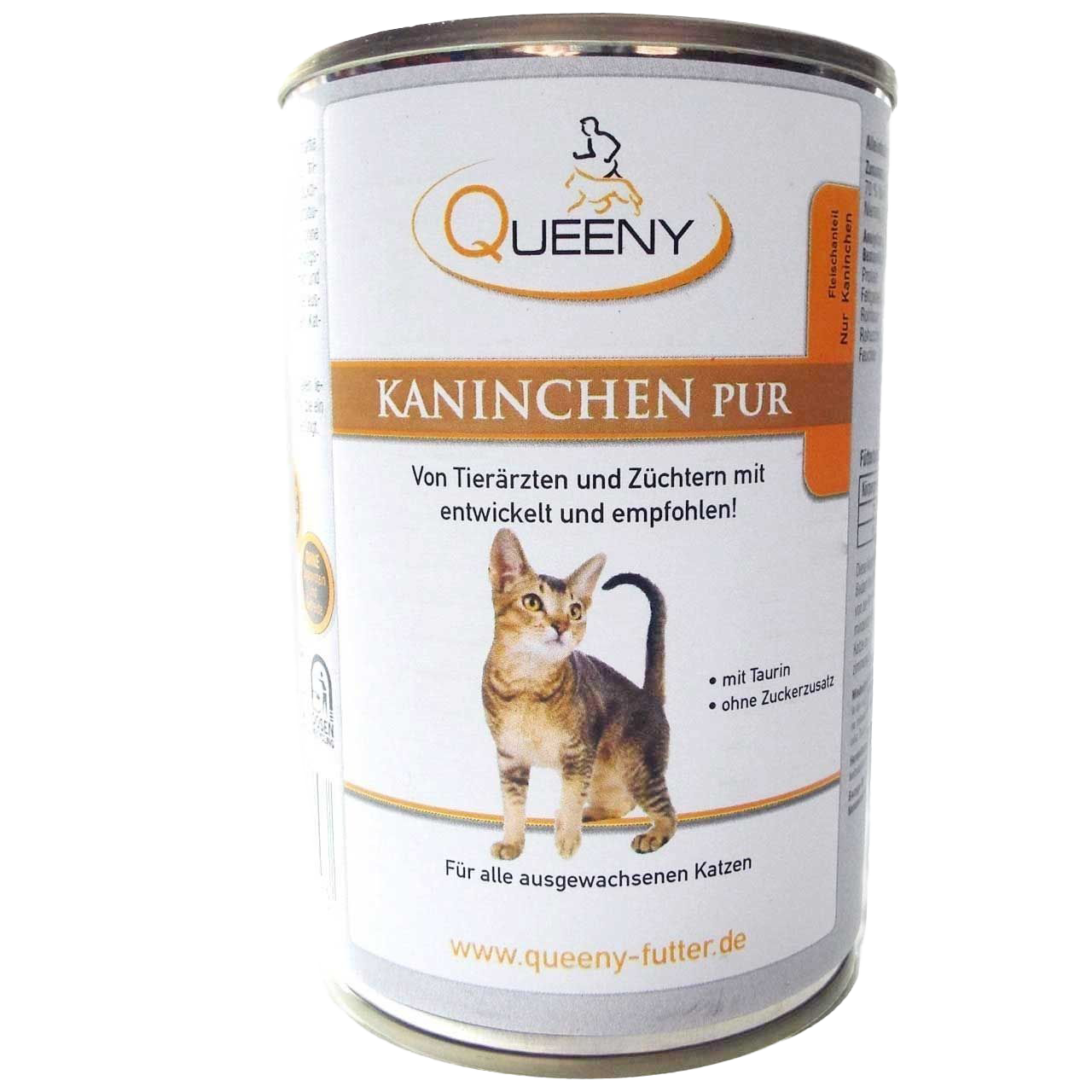 Dose Katzenfutter der Marke Queeny mit gelbem Etikett, Aufschrift ‚Kaninchen pur‘ sowie weiteren Angaben zur Zusammensetzung und Eignung.