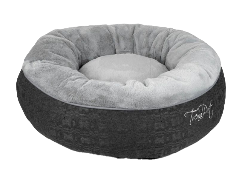 Ein rundes Haustierbett mit extra weichem, grauem Plüschrand. Die Außenwand ist dunkelgrau mit feiner Struktur und gesticktem „TrendPet“-Logo auf der Seite