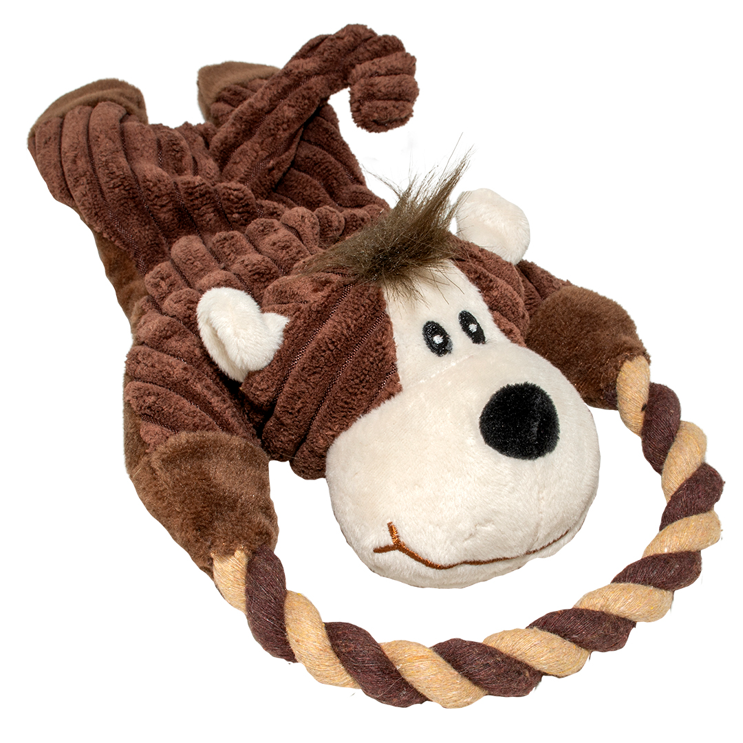  Hundespielzeug in Affenform mit braunem Plüschkörper, weißem Gesicht und geflochtener Seilschlaufe in Braun-Beige, die von den Pfoten gehalten wird.