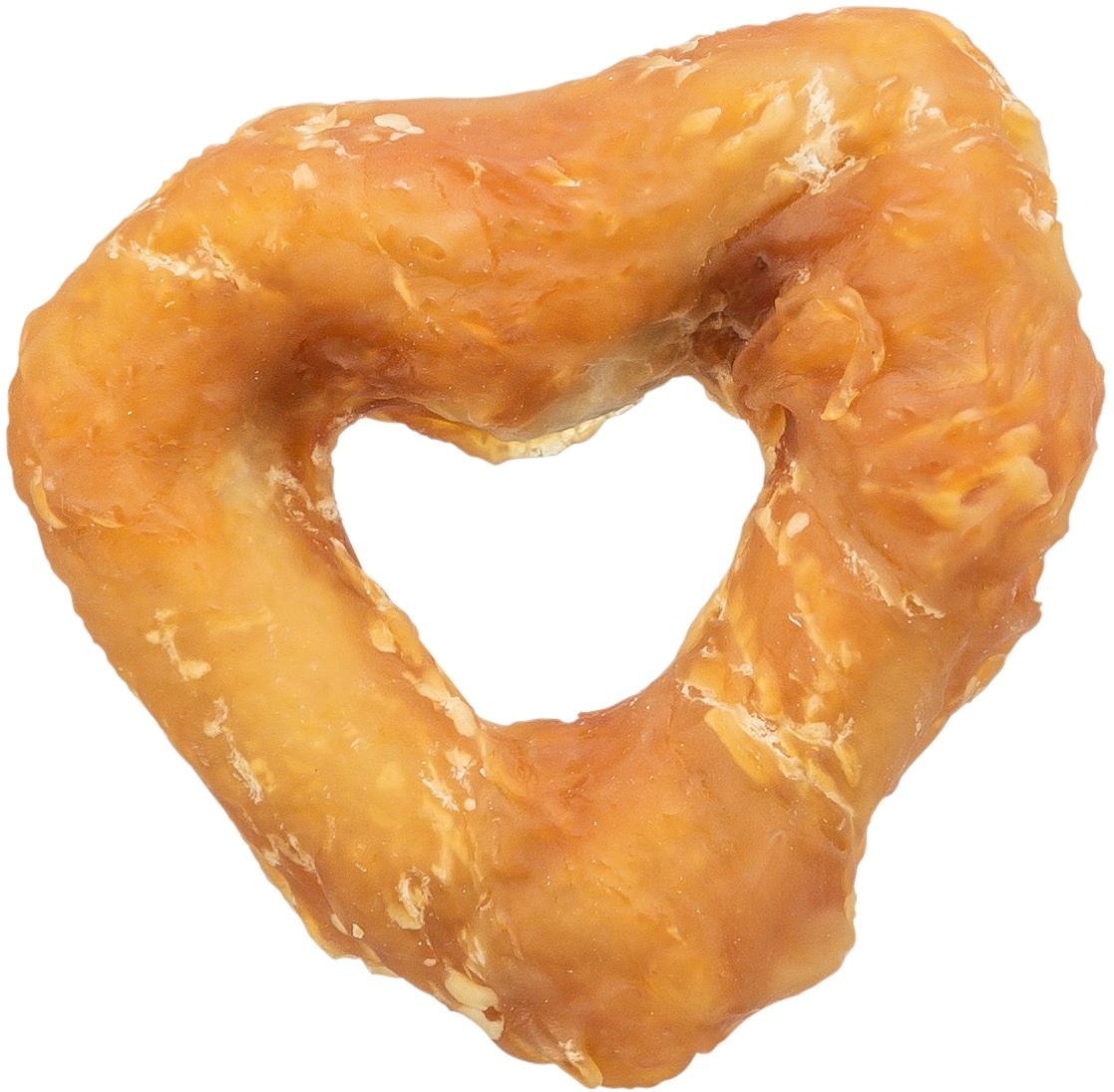 Ein herzförmig geformtes, goldbraun gebackenes Gebäck mit unregelmäßiger Oberfläche, leicht glänzendem Überzug und sichtbaren Backstrukturen, freigestellt vor weißem Hintergrund.