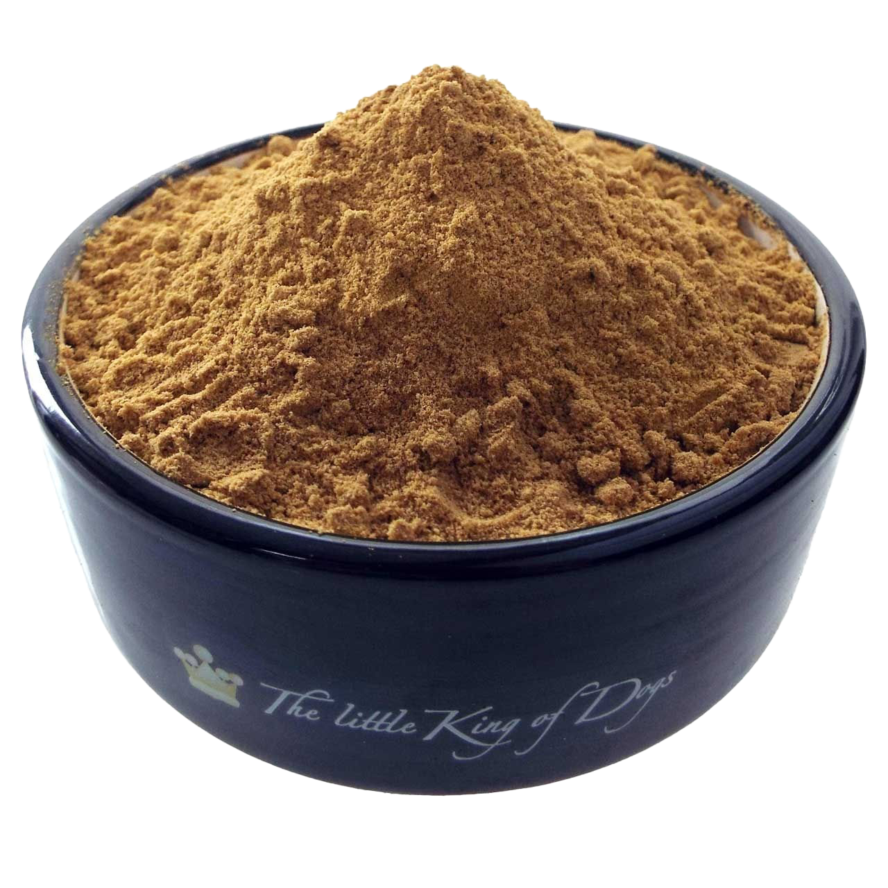 Ein schwarzer Keramiknapf mit einer mittelbraunen Pulverfüllung in Kegelform, glatt gemahlen und trocken, ohne sichtbare Beimischungen oder Strukturvariationen.