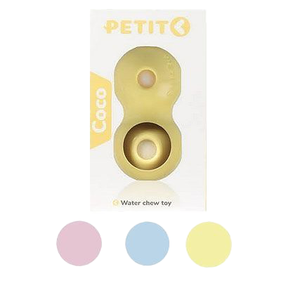 Verpackung mit gelbem Wasserspielzeug für Hunde in zwei runden Segmenten, auf farbigem Hintergrund mit Markenaufdruck.