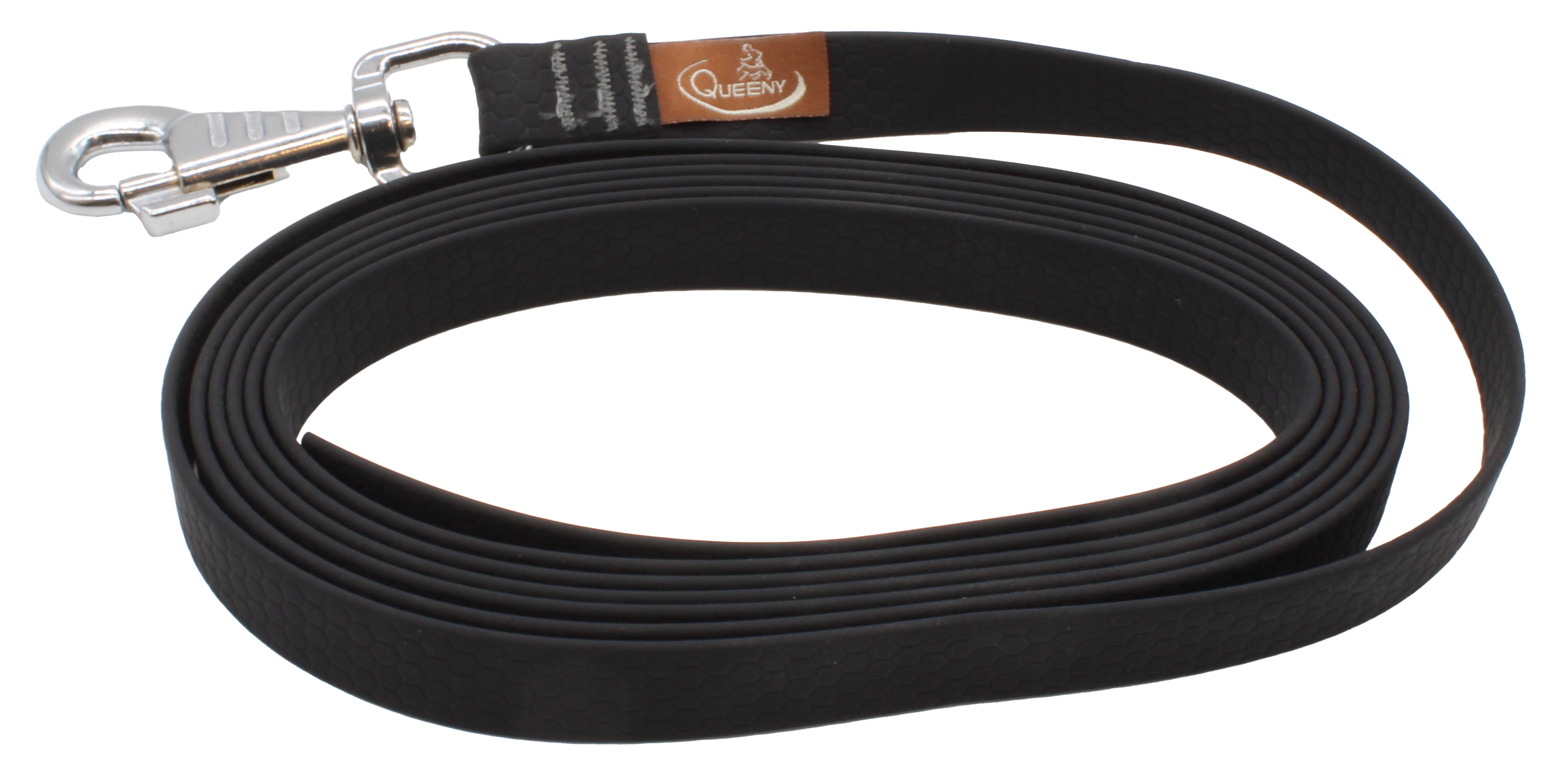 Hundeleine in Schwarzer Farbe mit strukturierter Oberfläche, Metallkarabiner am Ende und kleinem Label nahe dem Verschluss.