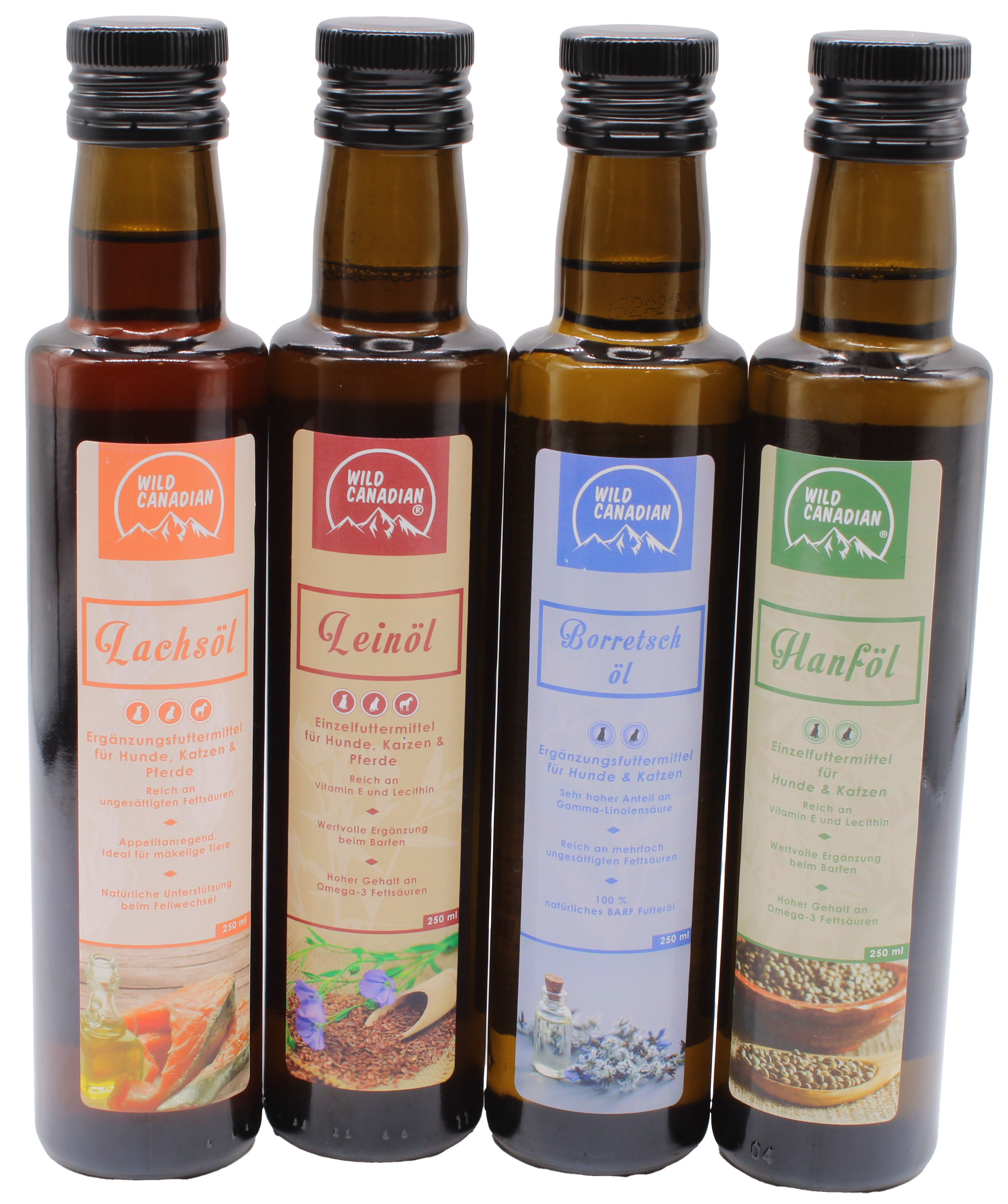 Fünf braune Flaschen mit weißem Schraubdeckel auf einem rustikalen Holztisch. Die Etiketten zeigen die Sorten Nachtkerzenöl, Schwarzkümmelöl, Lachsöl und Hanföl in verschiedenen Größen.