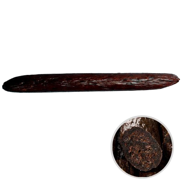 Bow Wow XXL Stick Beef & CollagenDunkelbrauner Beef Stick mit glänzender Oberfläche, Nahaufnahme unten rechts zeigt die Schnittfläche und die innere Struktur.