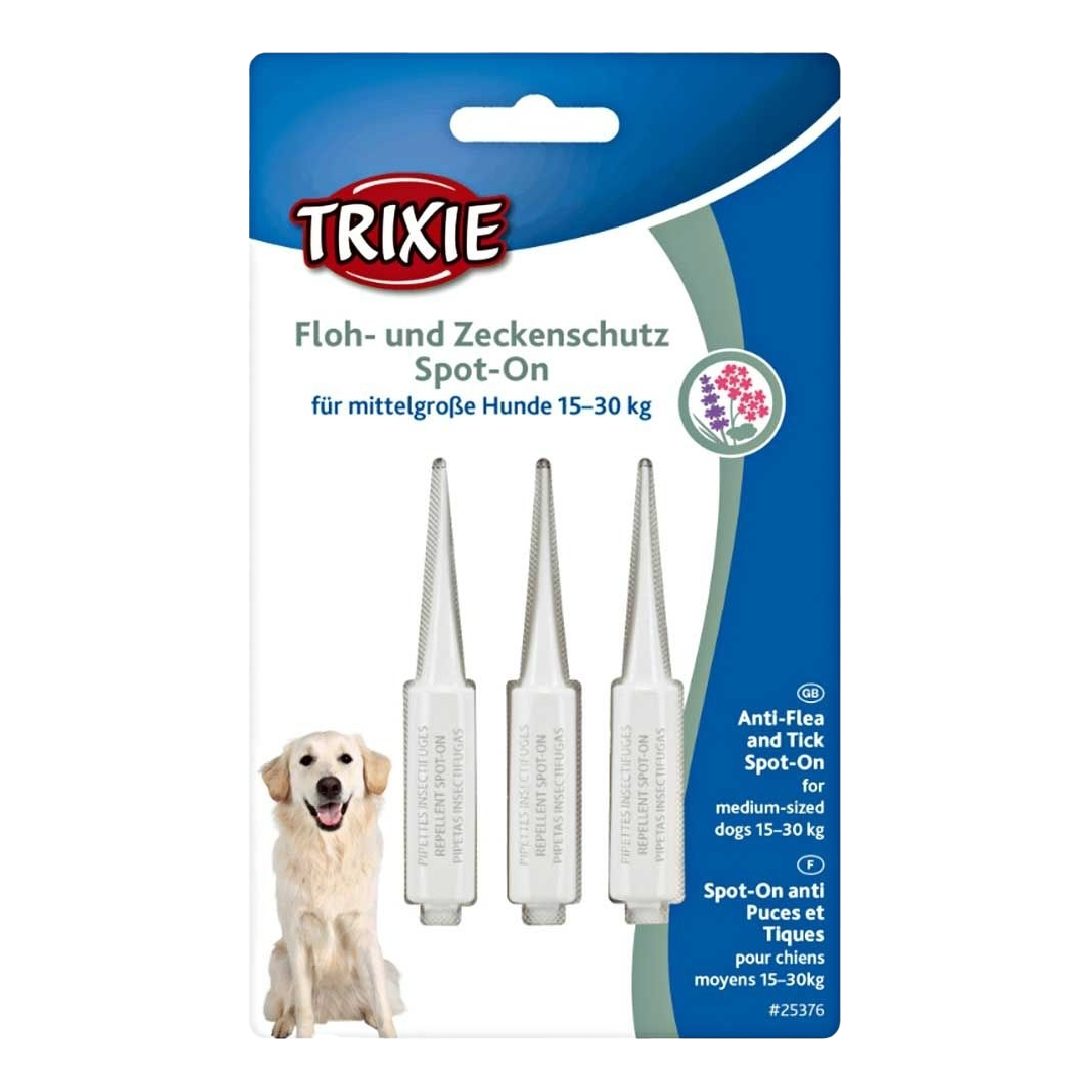 Verpackung mit Bild eines großen Hundes, drei Applikatoren sichtbar, Etikett in Blau- und Weißtönen mit mehrsprachiger Beschriftung.