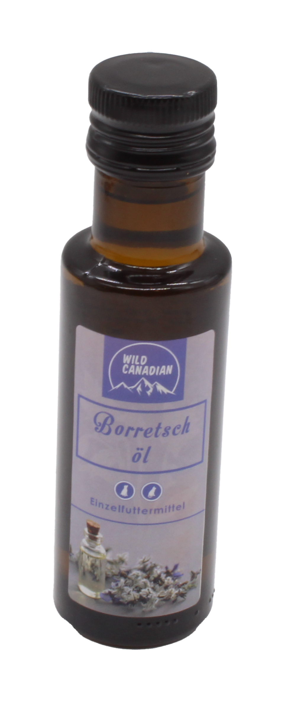 Eine braune Glasflasche mit schwarzem Schraubverschluss und blauem Etikett mit der Aufschrift „Borretschöl“. Darunter ein Bild von blauen Blüten und einer kleinen Glasflasche.